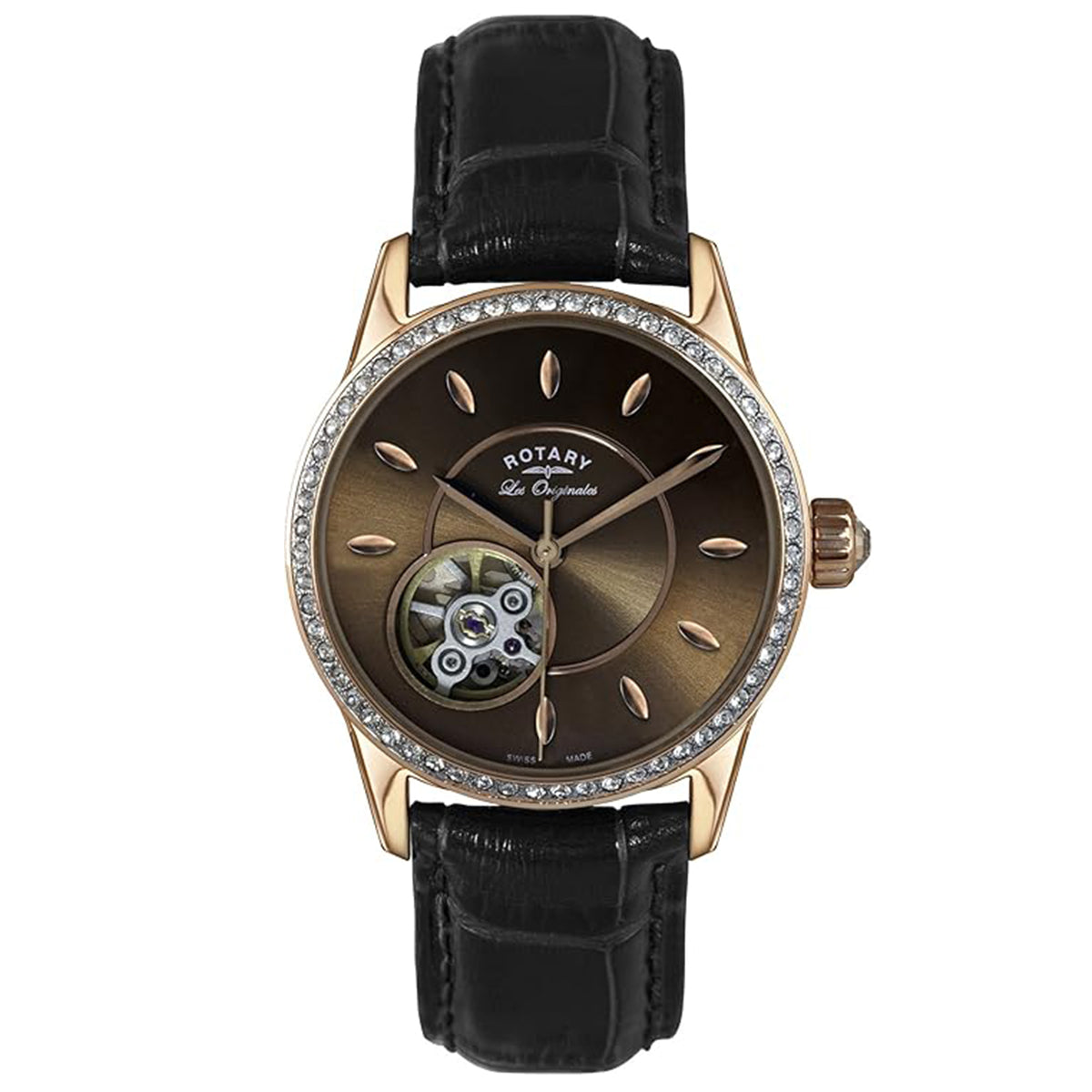 A Rotary Les Originales automatic Swiss made watch with a rose gold PVD case, black leather strap, and a brown sunray dial featuring a skeleton design.