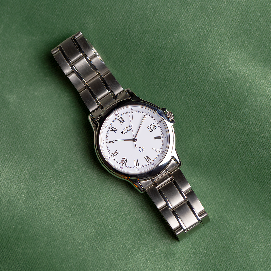 Rotary classic watch in stainless steel with a white dial and a 3 link bracelet