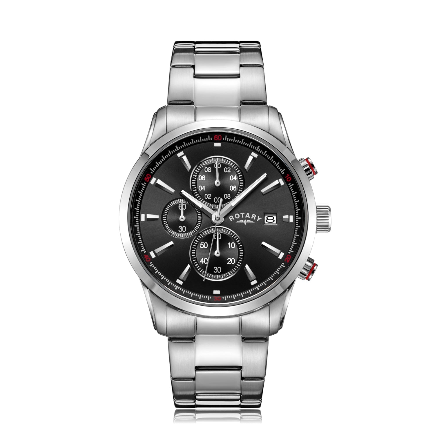 Rotary Chronograph watch in stainless steel with a black dial and stainless steel bracelet