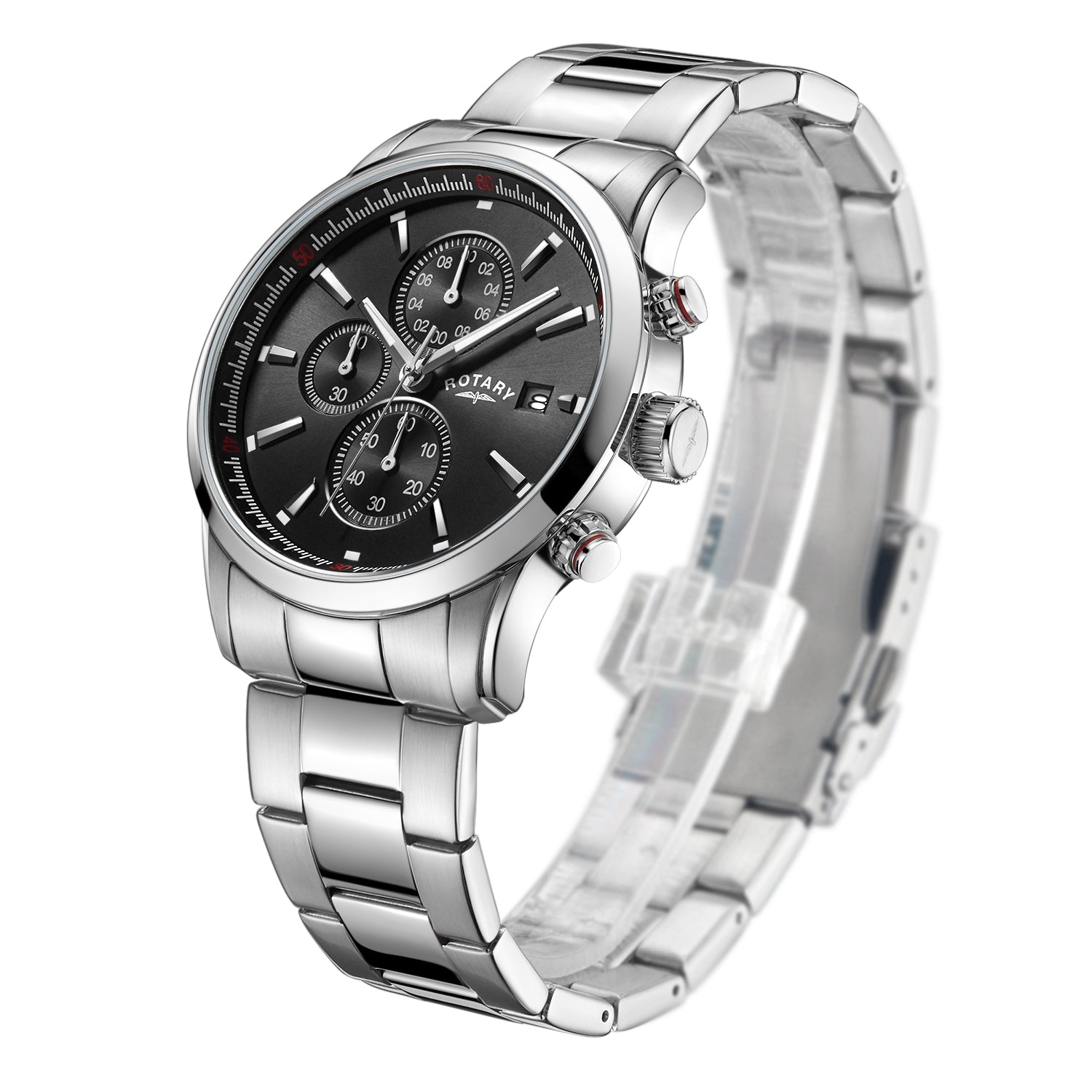 Rotary chronograph watch in stainless steel with a black dial and stainless steel bracelet