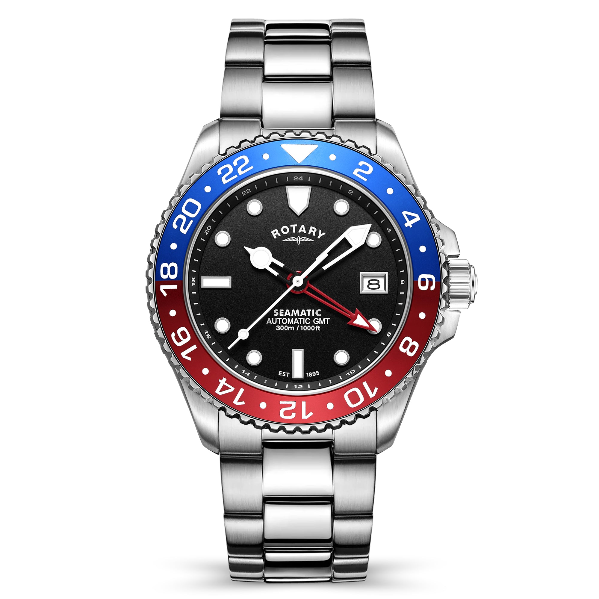Rotary Seamatic GMT watch with a black face, red and blue bezel on a white background