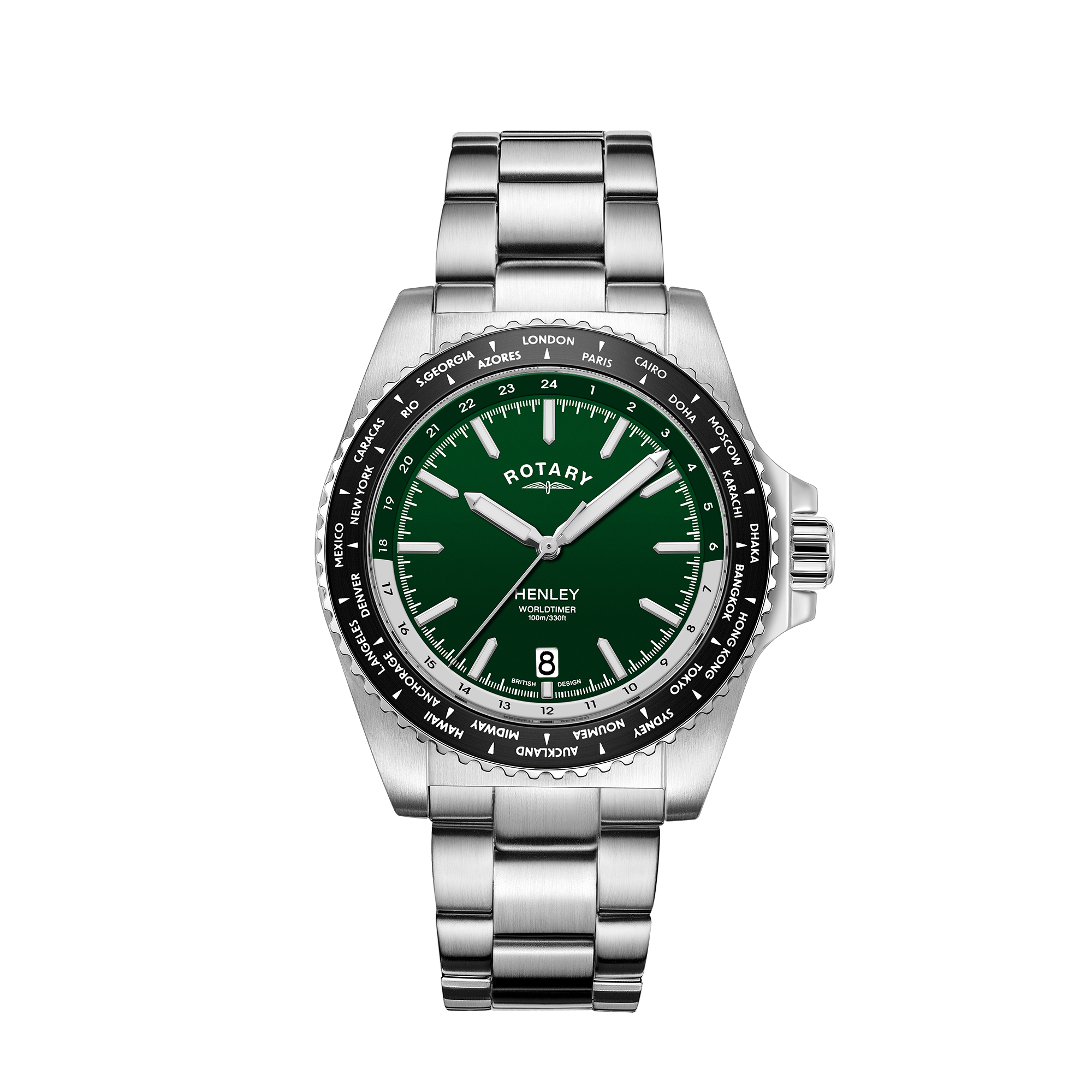 A Rotary WorldTimer watch with a green matte dial, silver stainless steel bracelet, and a bi-directional bezel displaying 24 world cities.