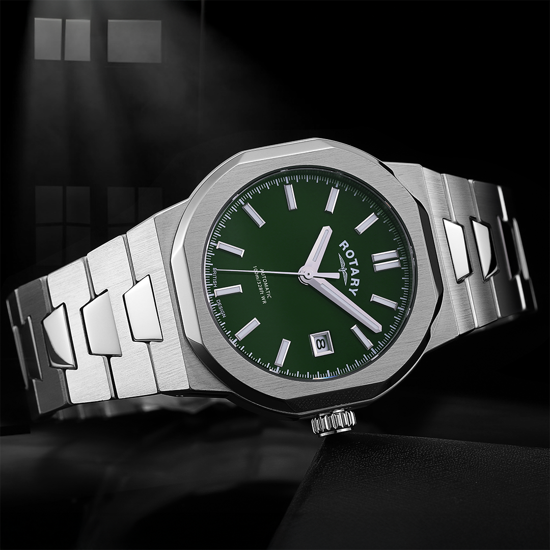 Rotary sport watch in stainless steel with a green dial on a black background