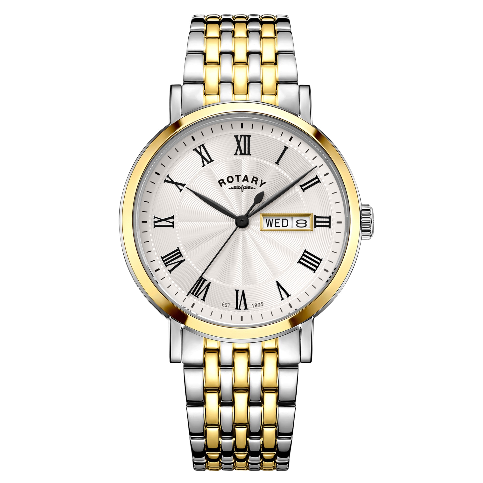 Rotary watch with gold and silver stainless steel bracelet on a white background