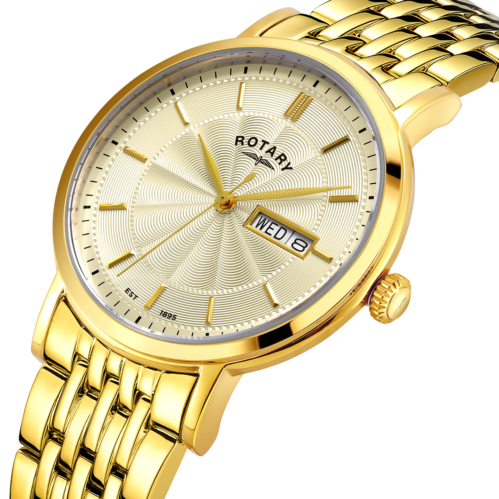 Gold rotary watch with a detailed face on a white background