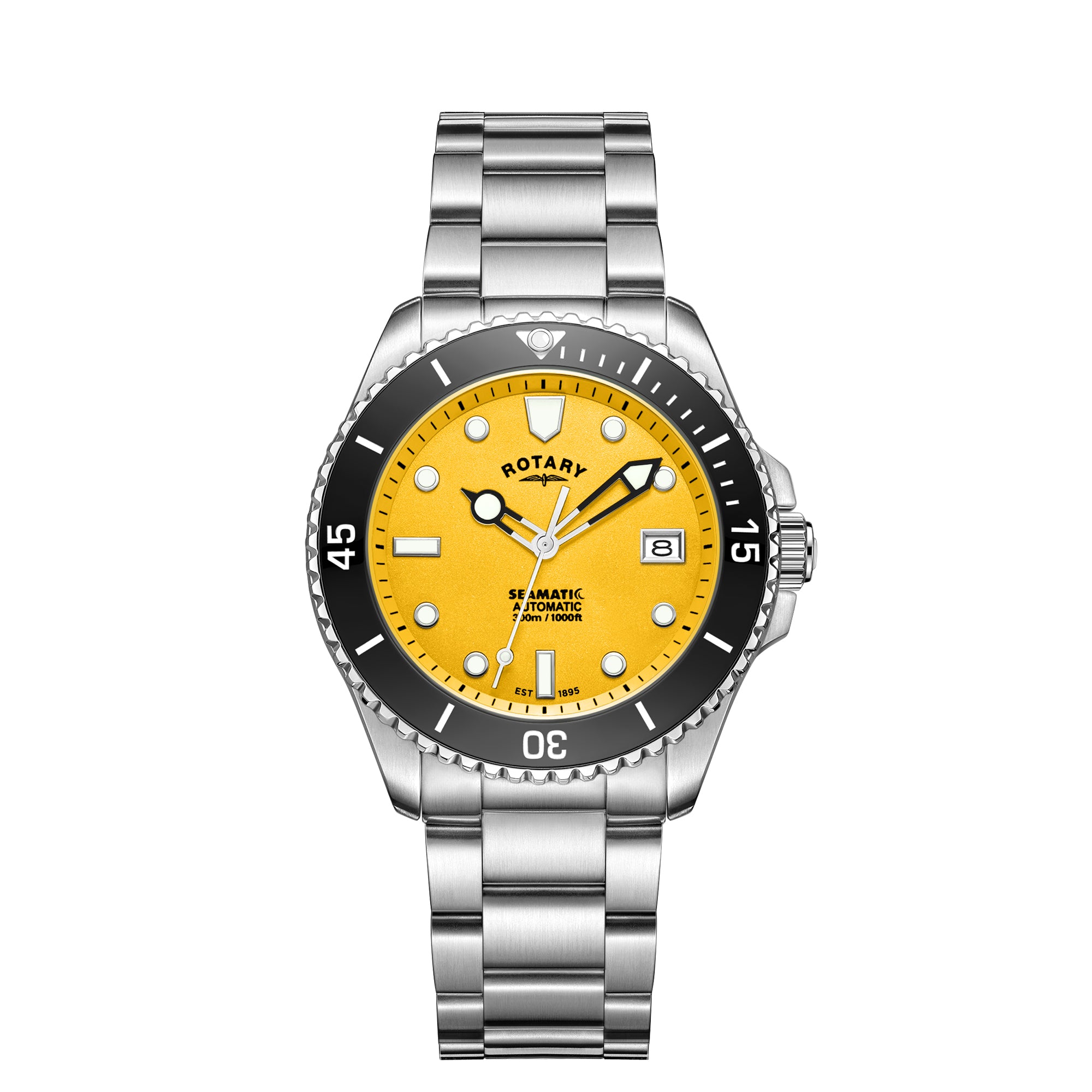 Rotary watch with yellow dial and silver bracelet on a white background