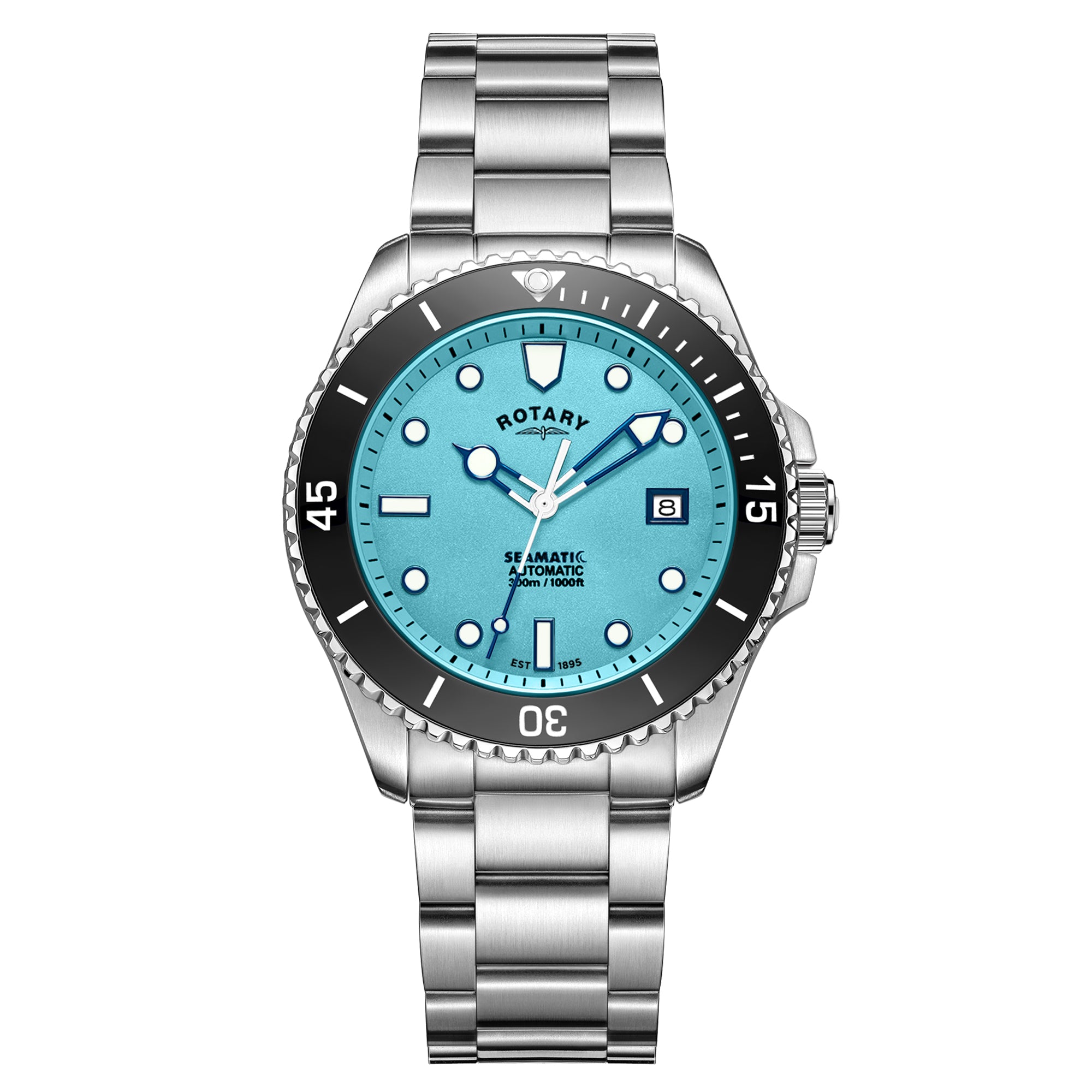 Rotary watch with blue dial and silver metal strap on white background