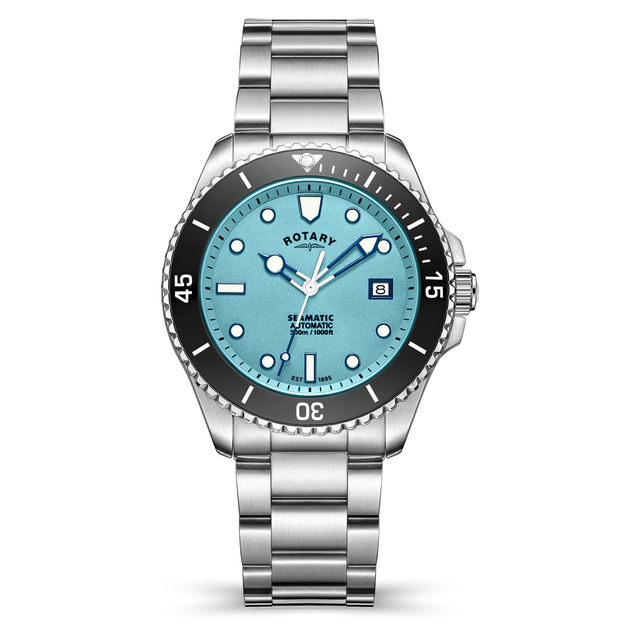 Rotary watch with blue dial and silver metal strap on white background