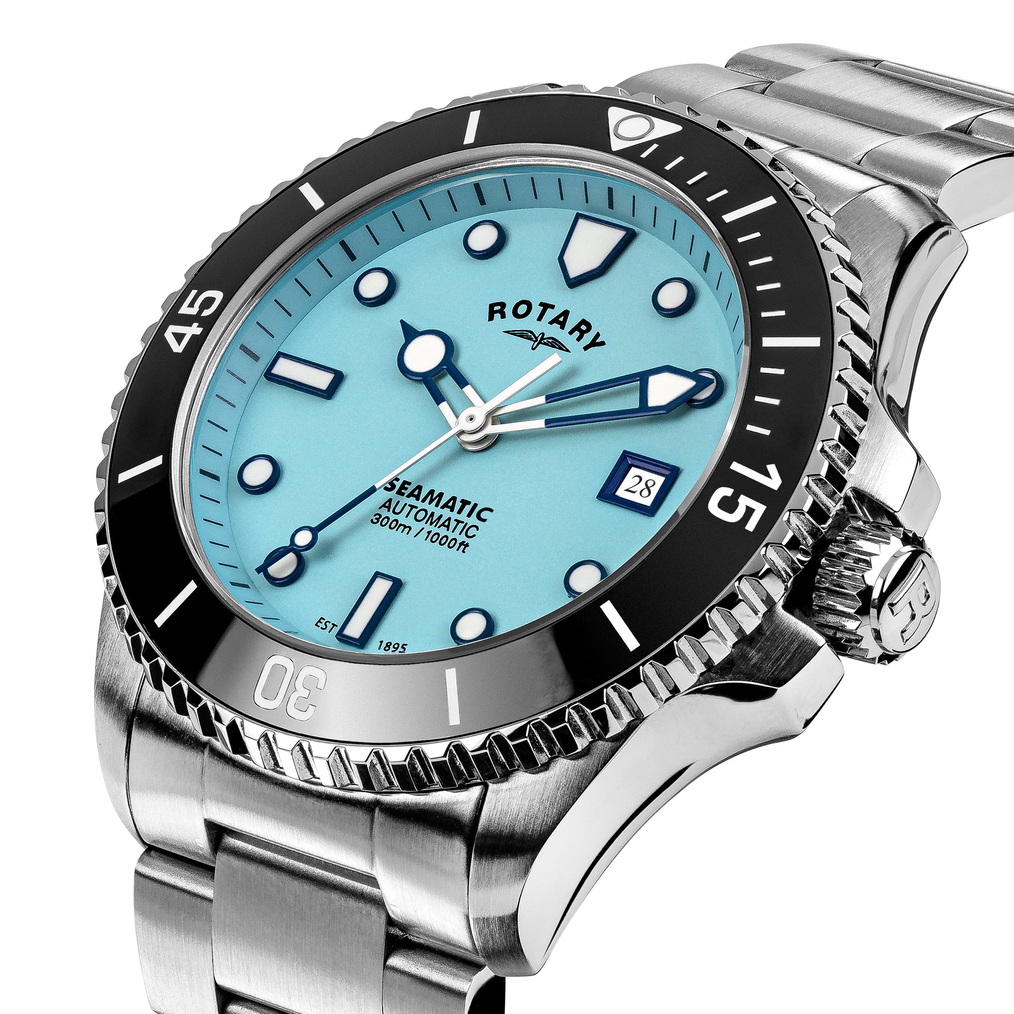 Rotary Seamatic watch with blue face and silver case on a white background