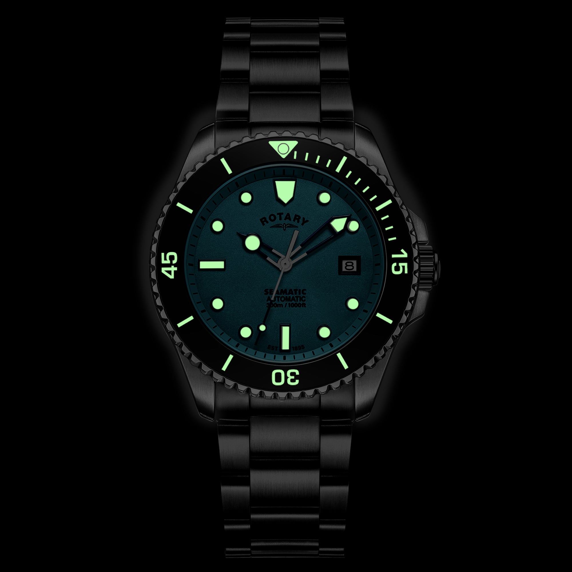 Rotary Seamatic wristwatch with green glowing details on a black background
