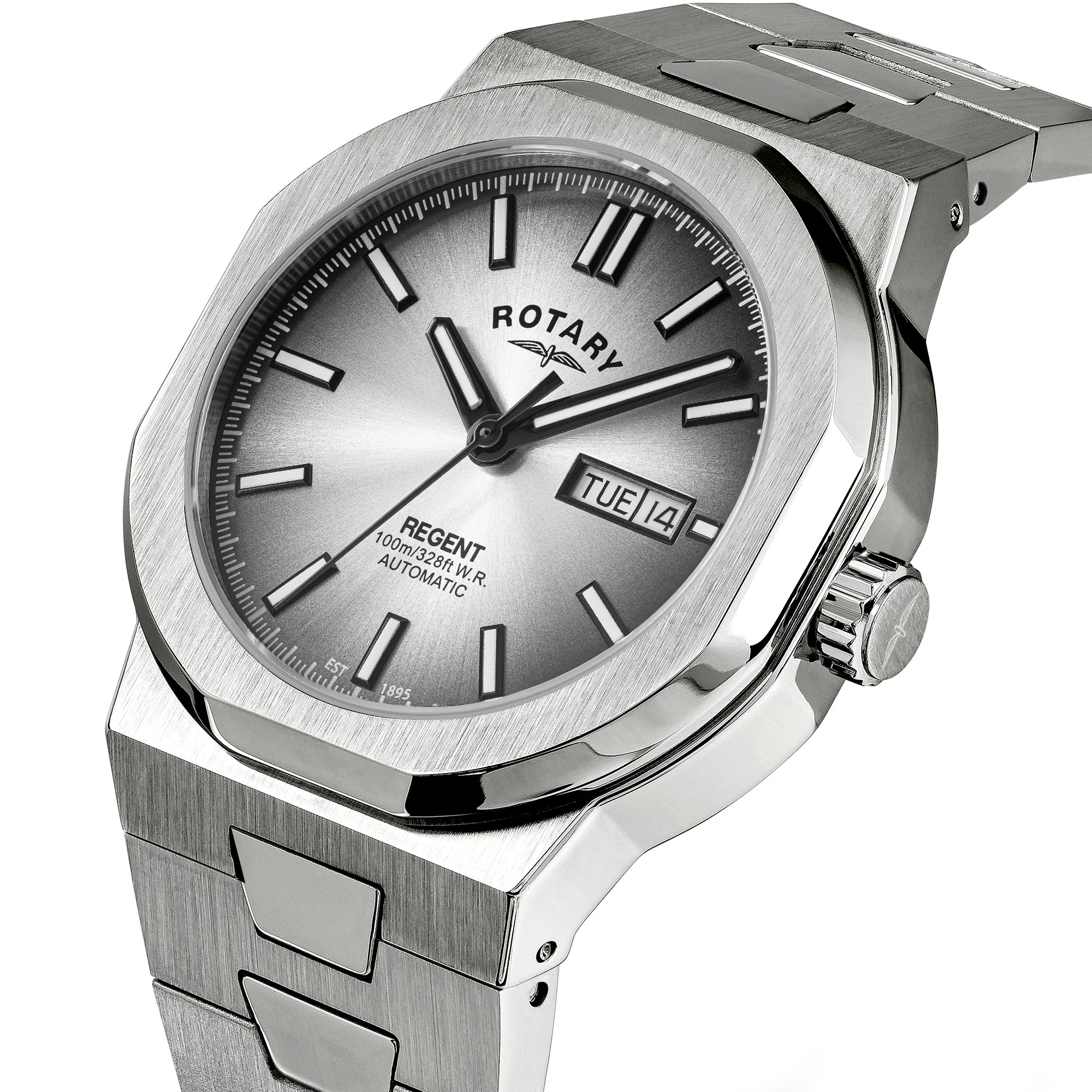 Silver rotary watch with a detailed face on a white background