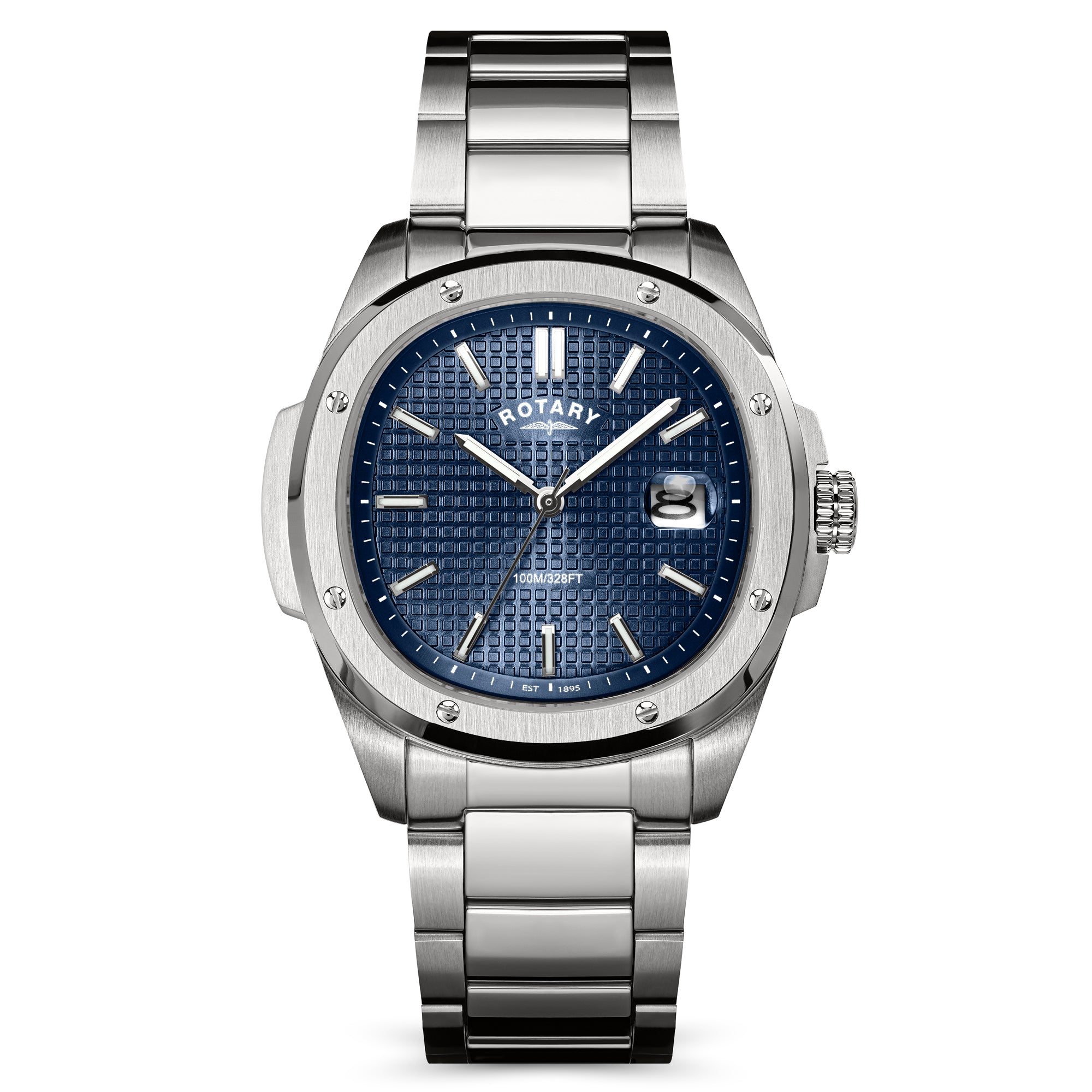 Silver rotary Apex100 watch with blue face on a white background