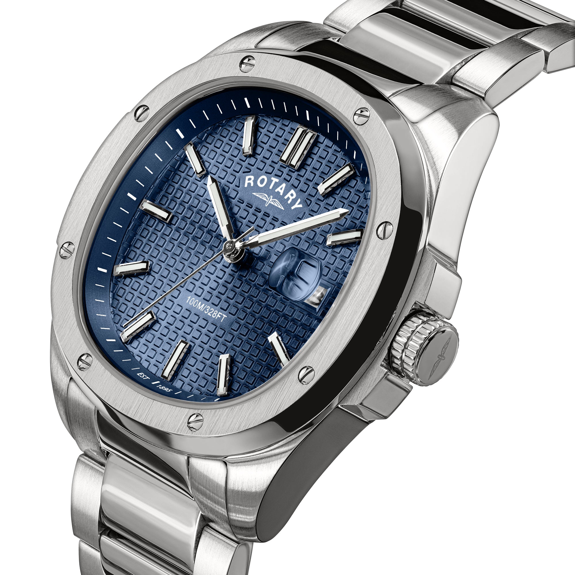 Silver Rotary Apex100 watch with blue textured dial on a white background