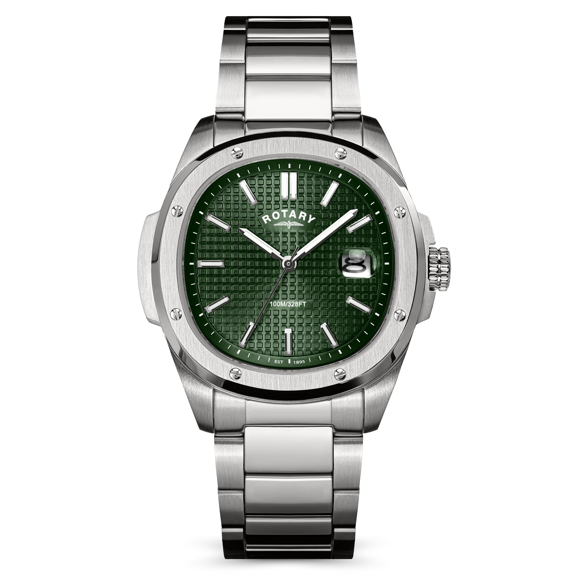 Silver Rotary Apex100 watch with green face on a white background