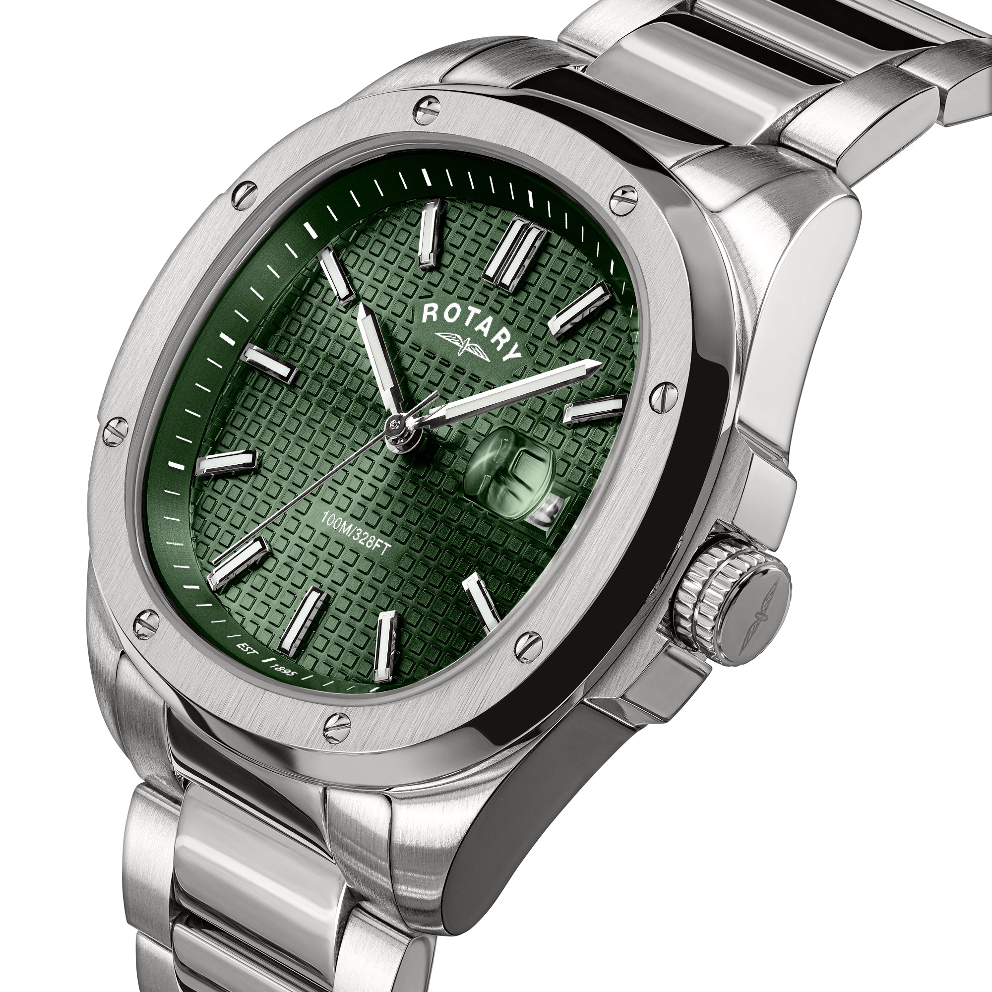 Rotary Apex100 watch with green face and silver metal strap on white background