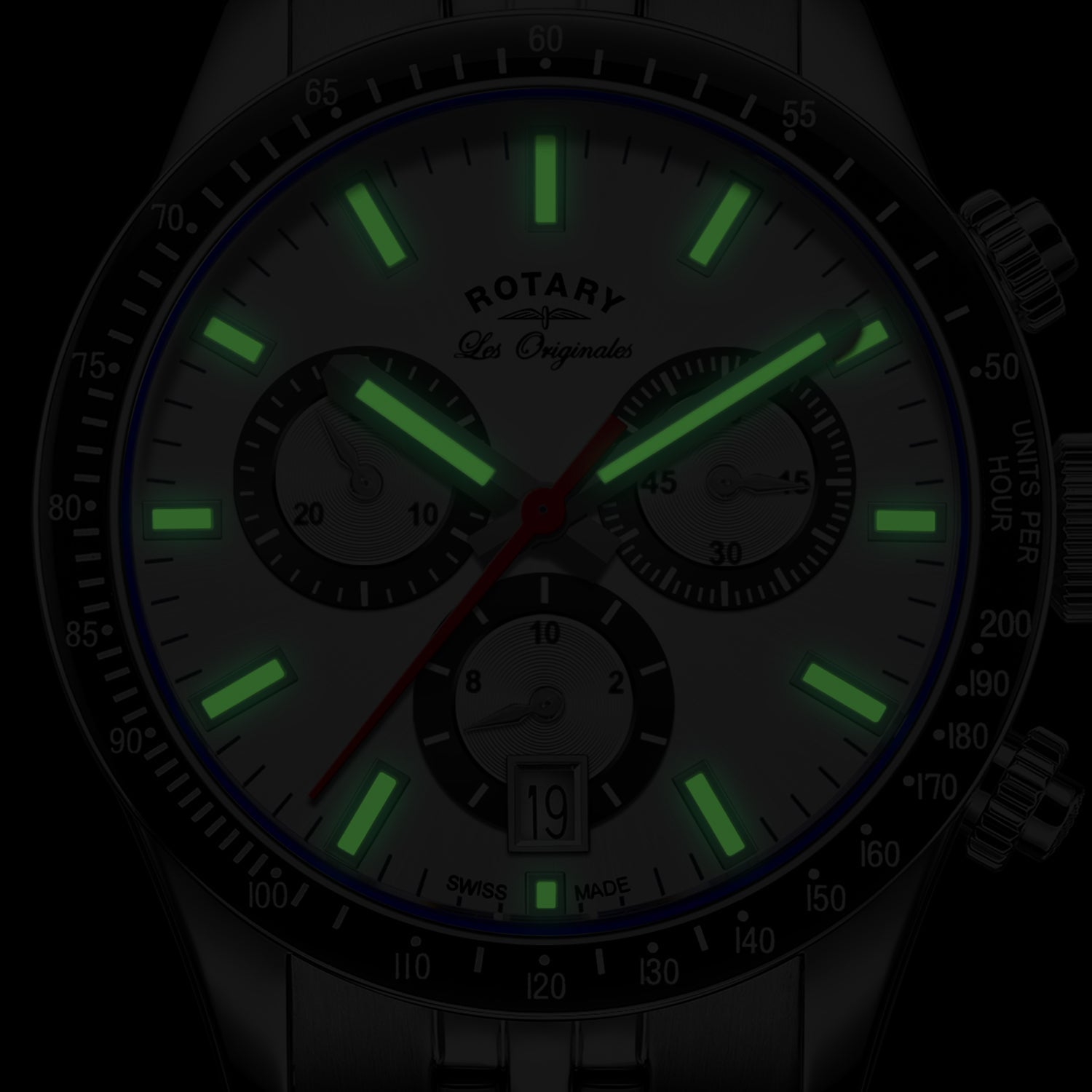 Rotary swiss made chronograph watch with glow in the dark hands