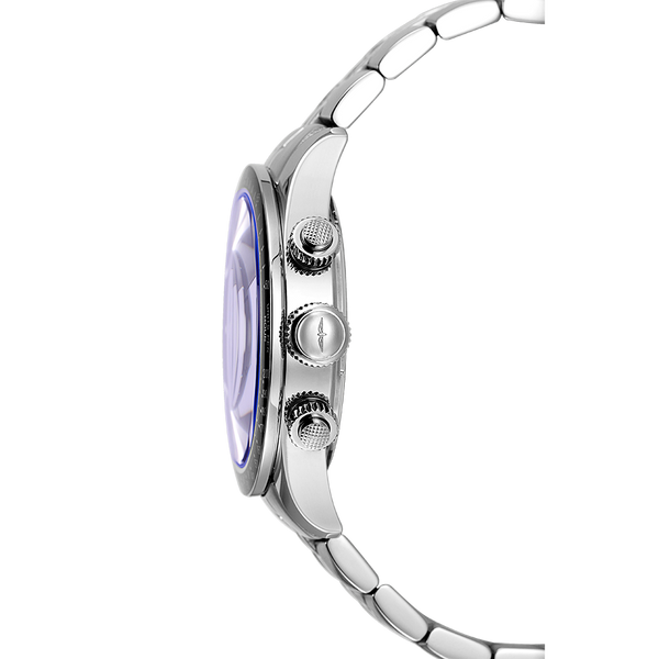 Rotary chronograph watch with a stainless steel case and bracelet. The watch also features a black bezel and domed sapphire glass