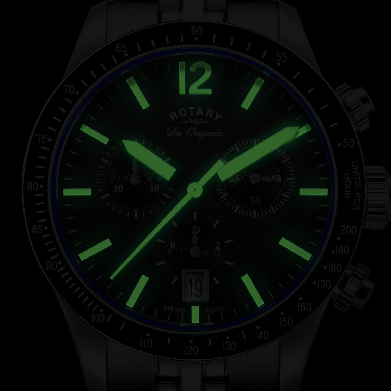 Rotary swiss made chronograph watch with luminescent hands and indezes