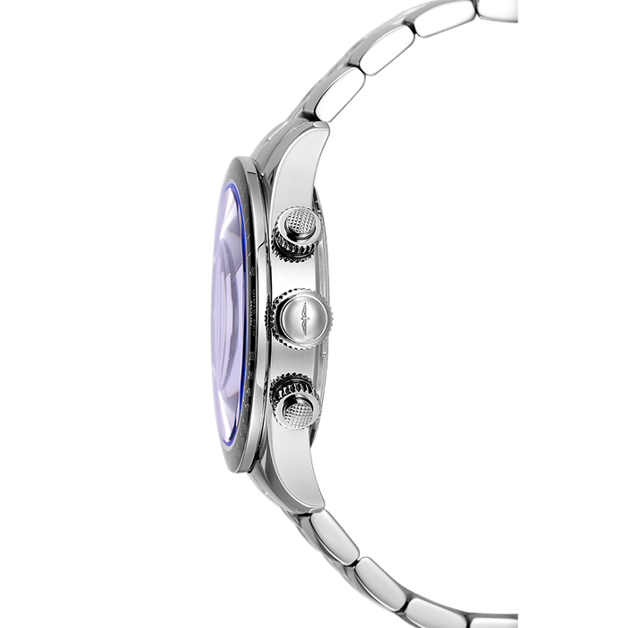 Rotary chronograph watch with a stainless steel case and bracelet. The watch also features a black bezel and domed sapphire glass