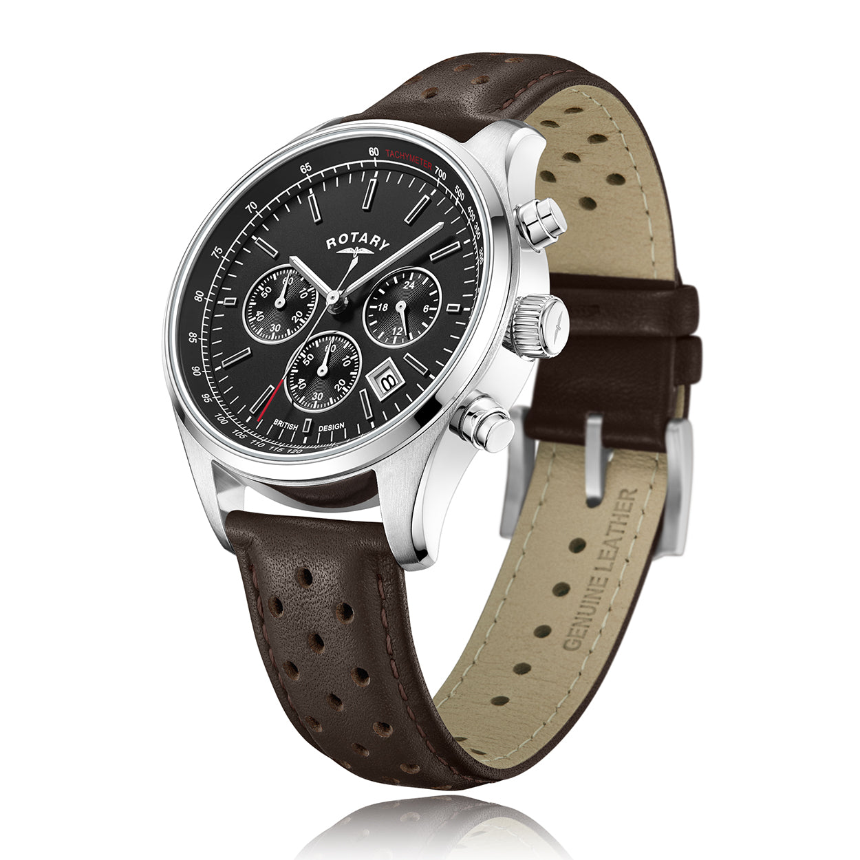 Rotary mens chronograph watch with a stainless steel case and brown leather strap. The watch has a black dial with 3 sub dials and a date window