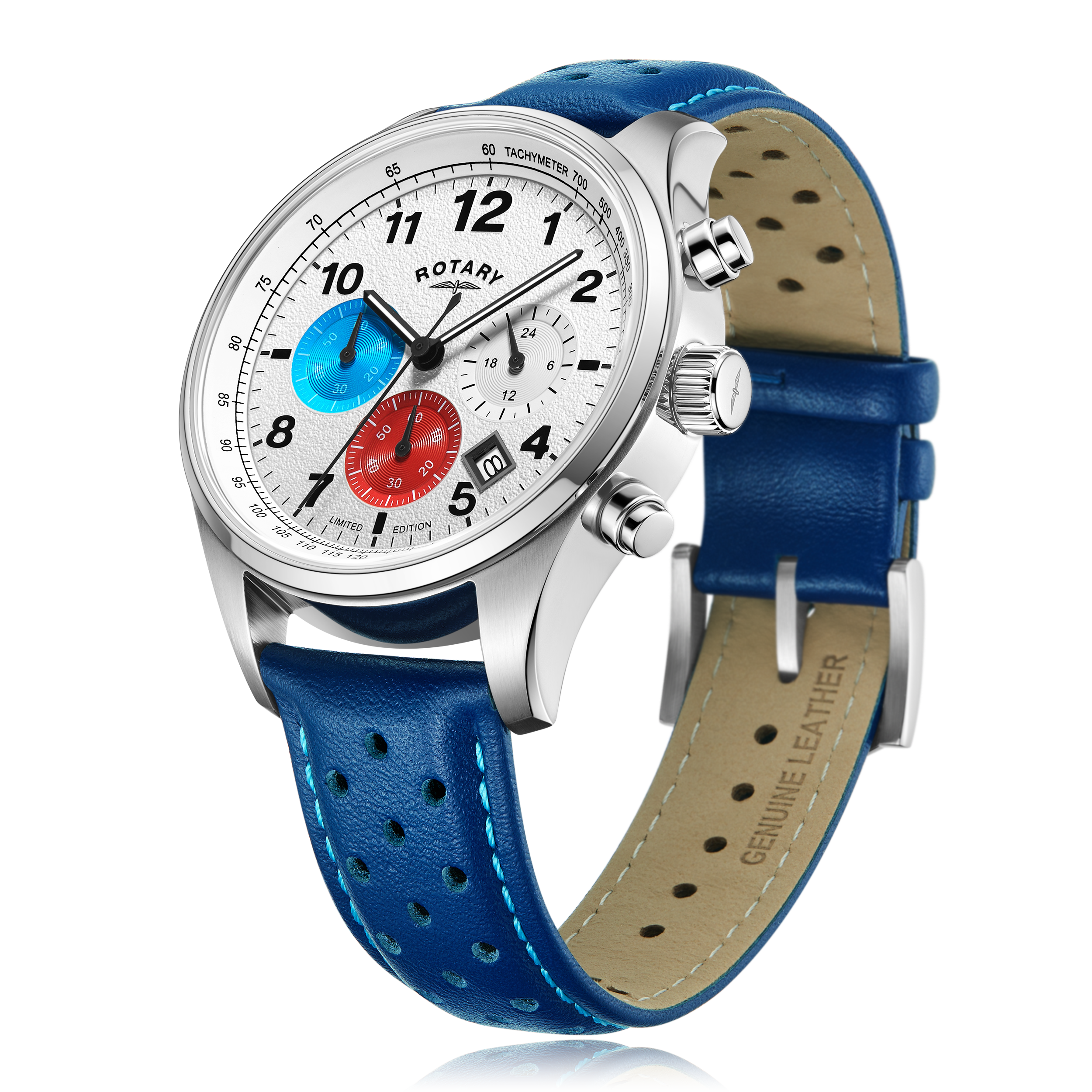 A side angle of the rotary bianco, showcasing the white dial and chronograph dials