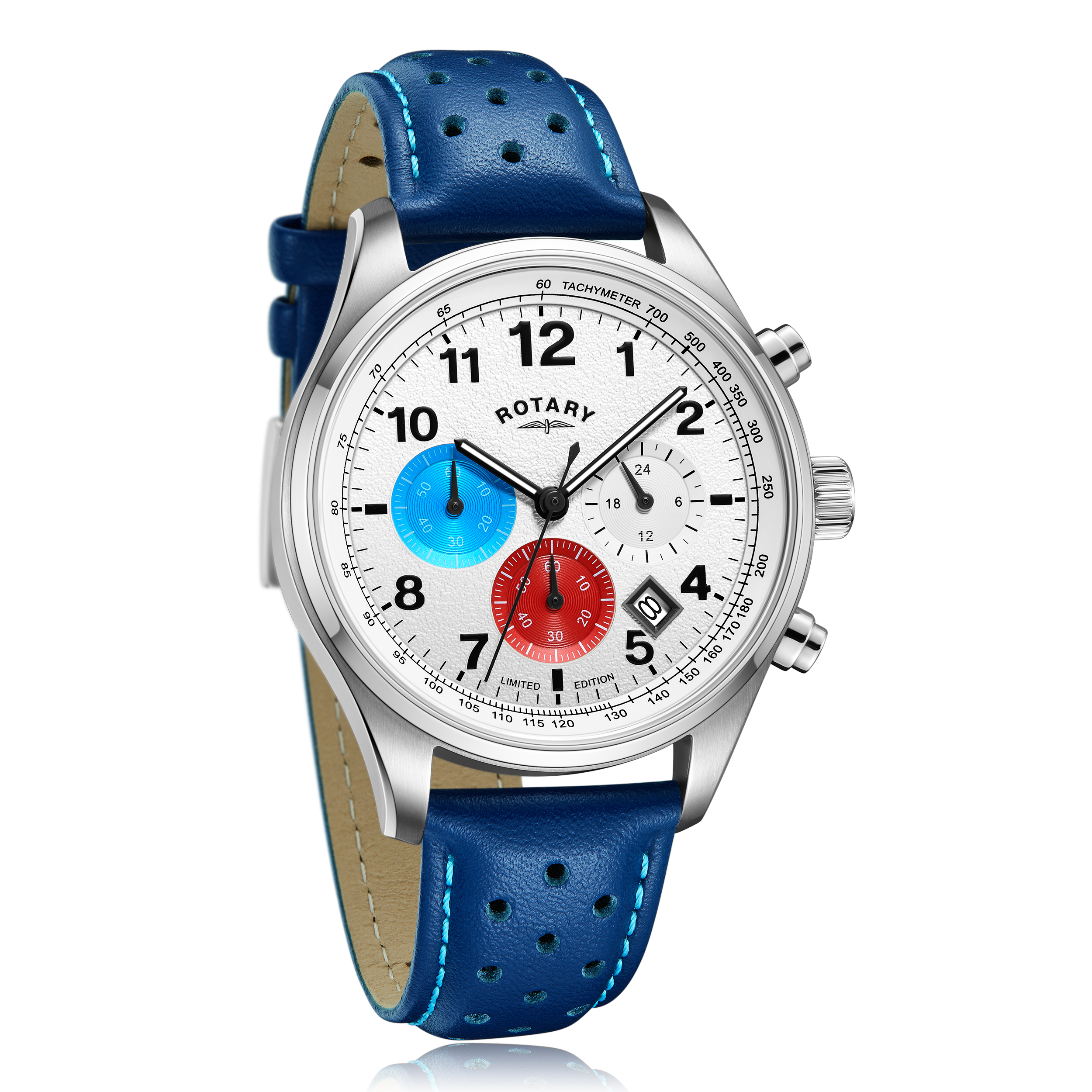 Rotary bianco watch with blue leather strap, stainless steel case and white dial