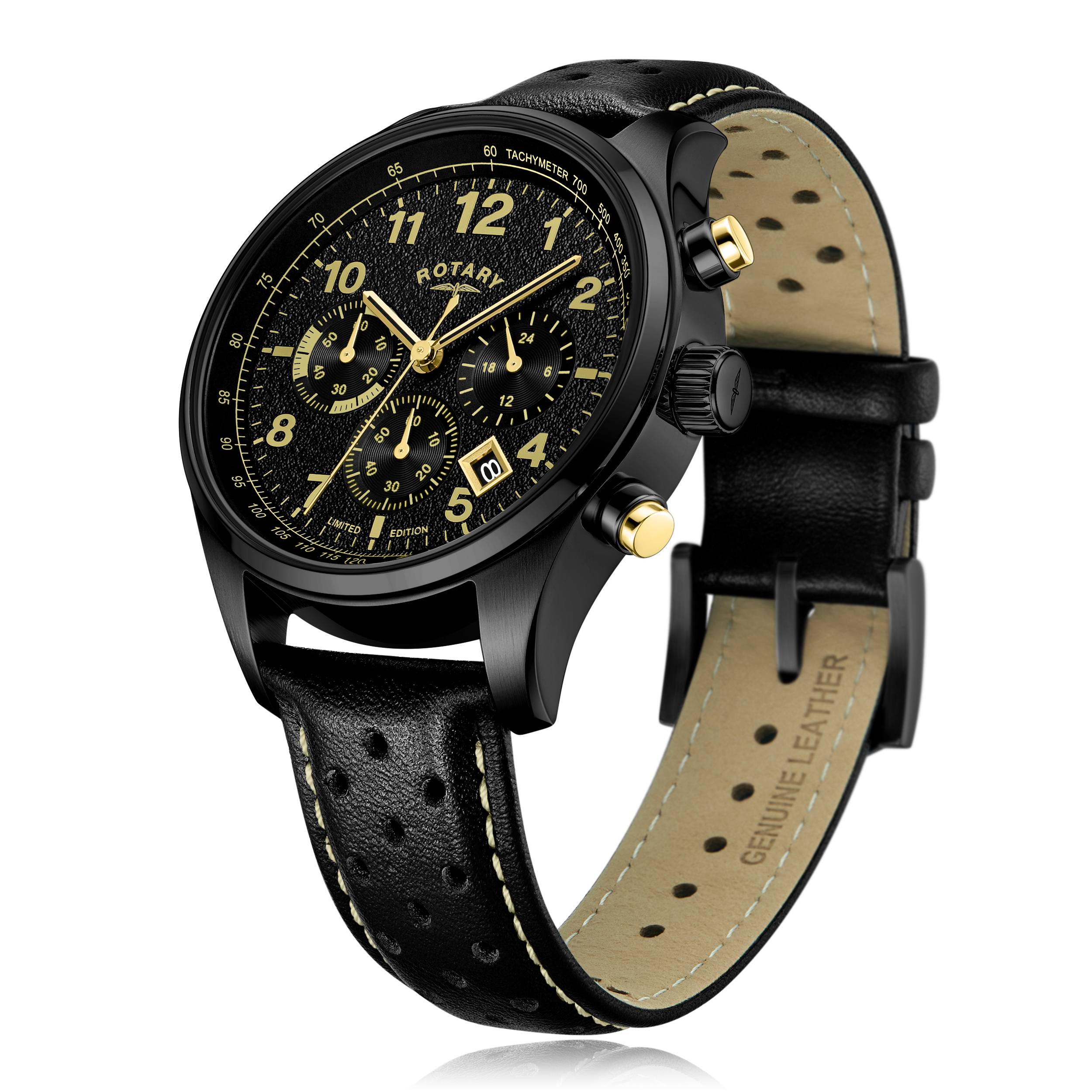 chronograph 1977 black edition rotary watch highlighting the chronograph pushers and sub dials