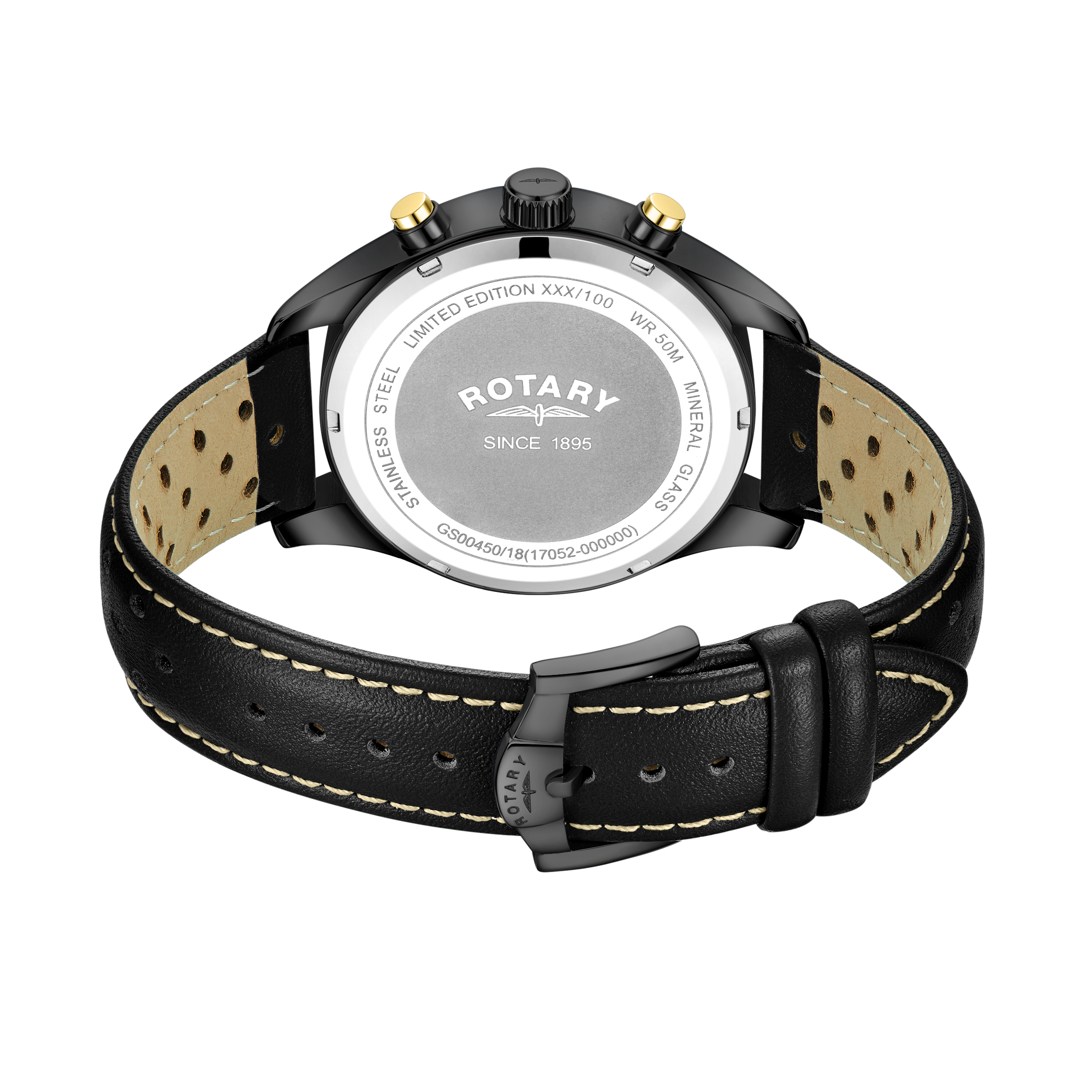 The caseback of the Rotary Chronograph 1977 black edition with limited edition inscription