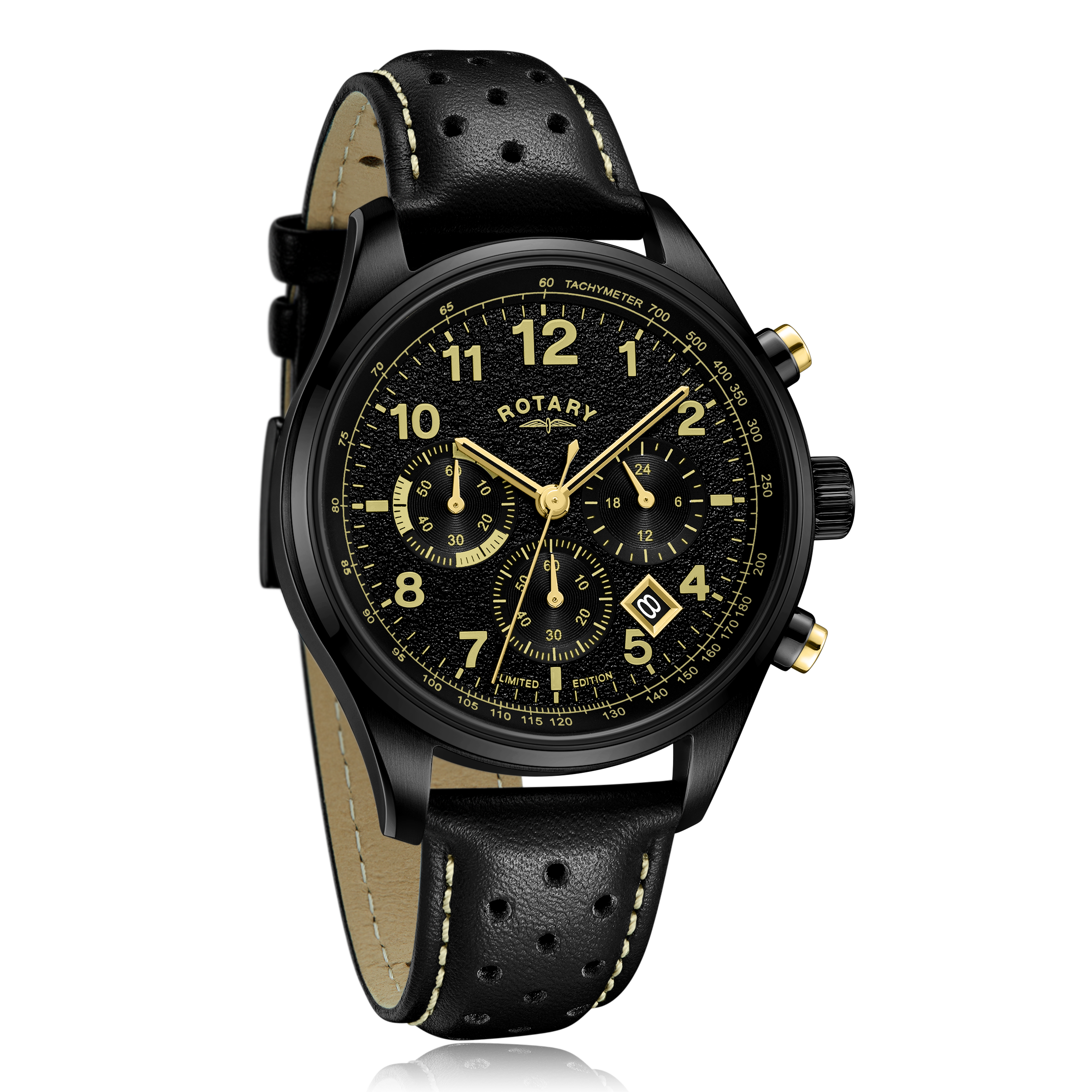 an angled shot of the rotary chronograph 1977 black edition