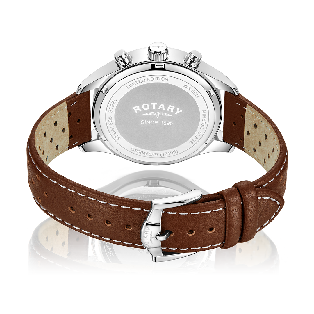 Rotary clutch watch with a stainless steel case and brown leather strap