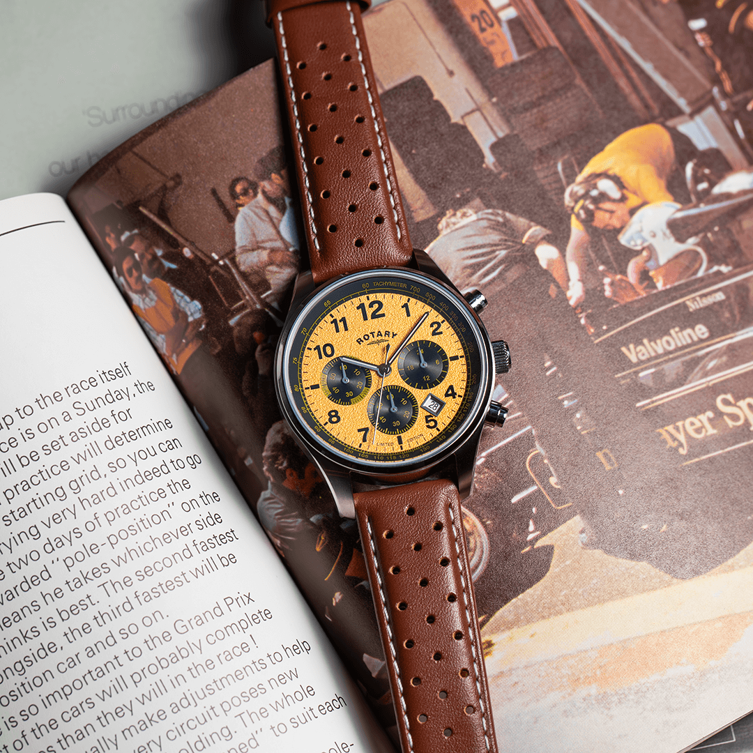 Rotary chornograph 1977 clutch GS00450-27 watch in stainless steel with a yellow dial