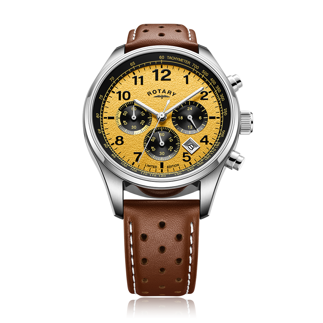Rotary clutch watch with a stainless steel case and brown leather strap