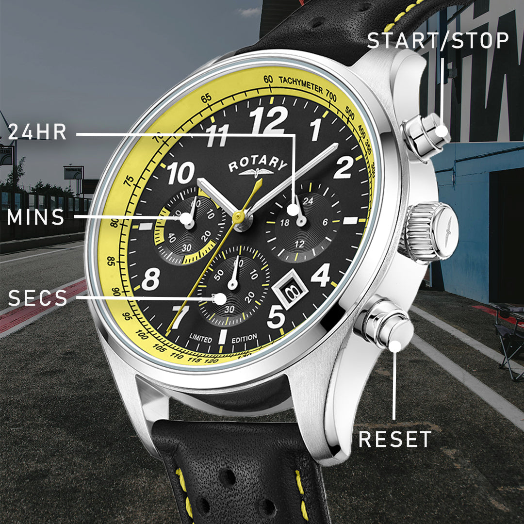 A yellow and black dial Rotary chronograph 1977 watch on a racing track background