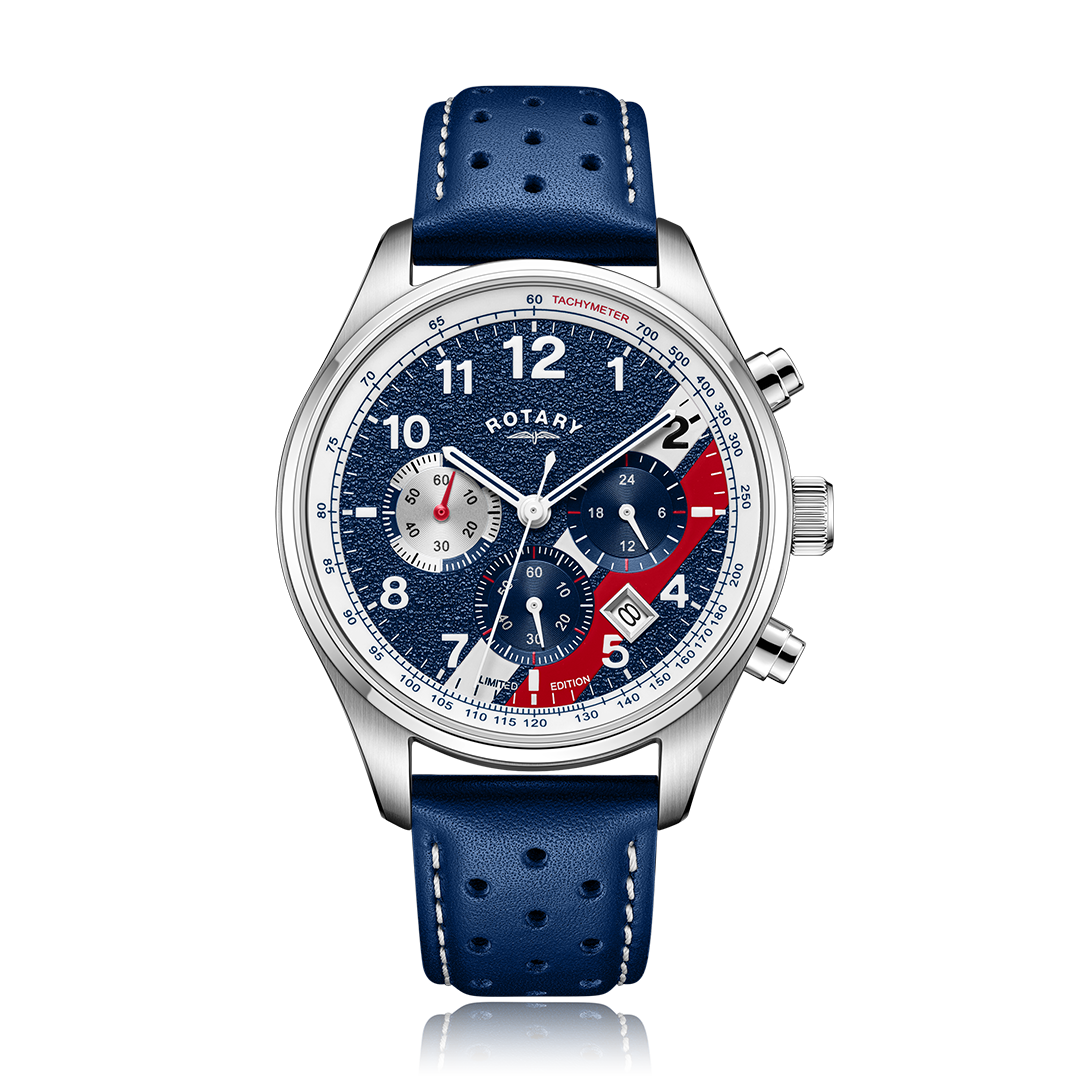 Rotary Chronograph 1977 Cooler watch in stainless steel with a blue dial and blue leather strap