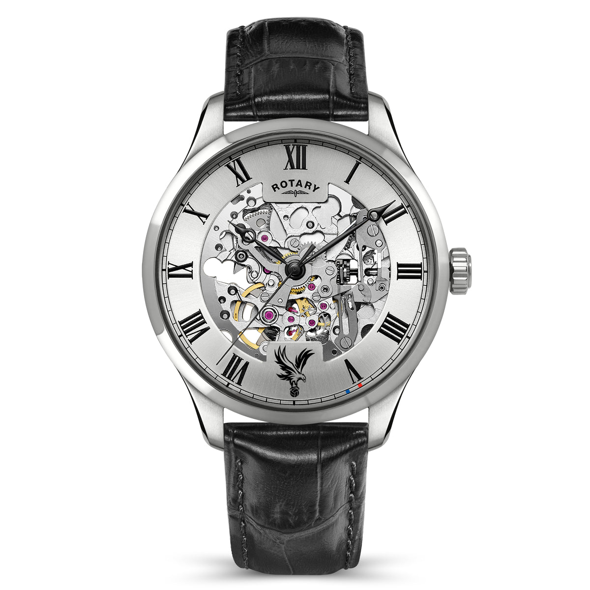 A luxury skeleton Greenwich Crystal Palace FC watch by Rotary, featuring a silver-tone case, a detailed open-worked dial showing the mechanical movement, and a black leather strap on a white background.