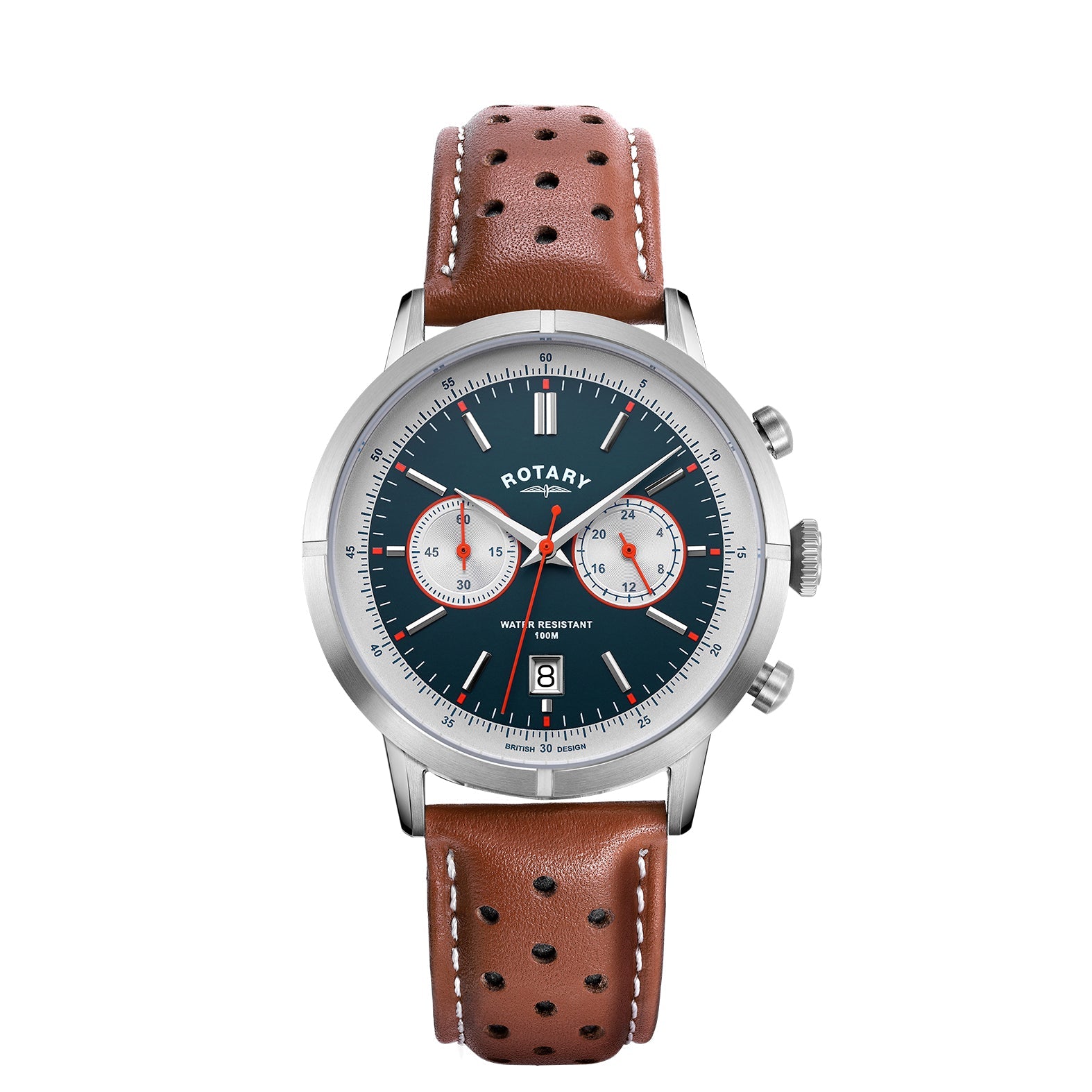 Rotary mens watch with a stainless steel case and brown leather strap. With a blue and cream dial and date window