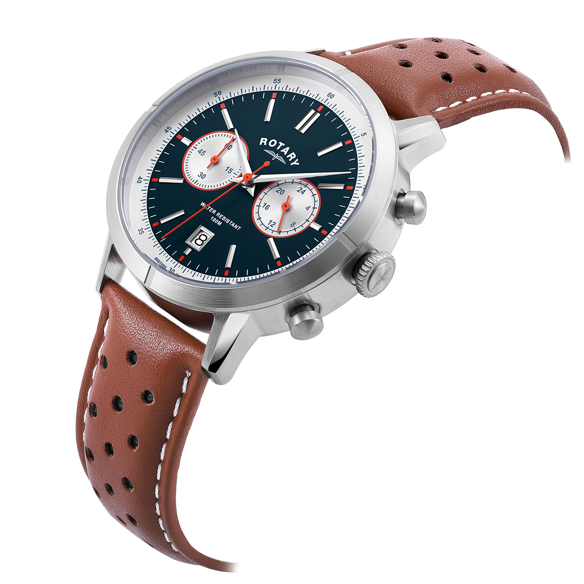 Rotary mens watch with a stainless steel case and brown leather strap. With a blue and cream dial and date window