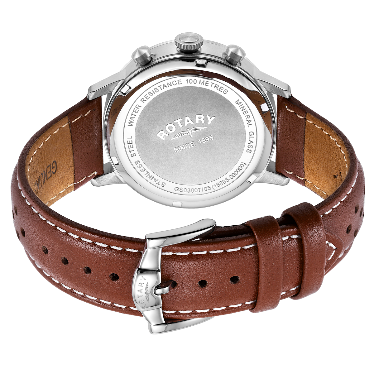 Rotary mens watch with a stainless steel case and brown leather strap
