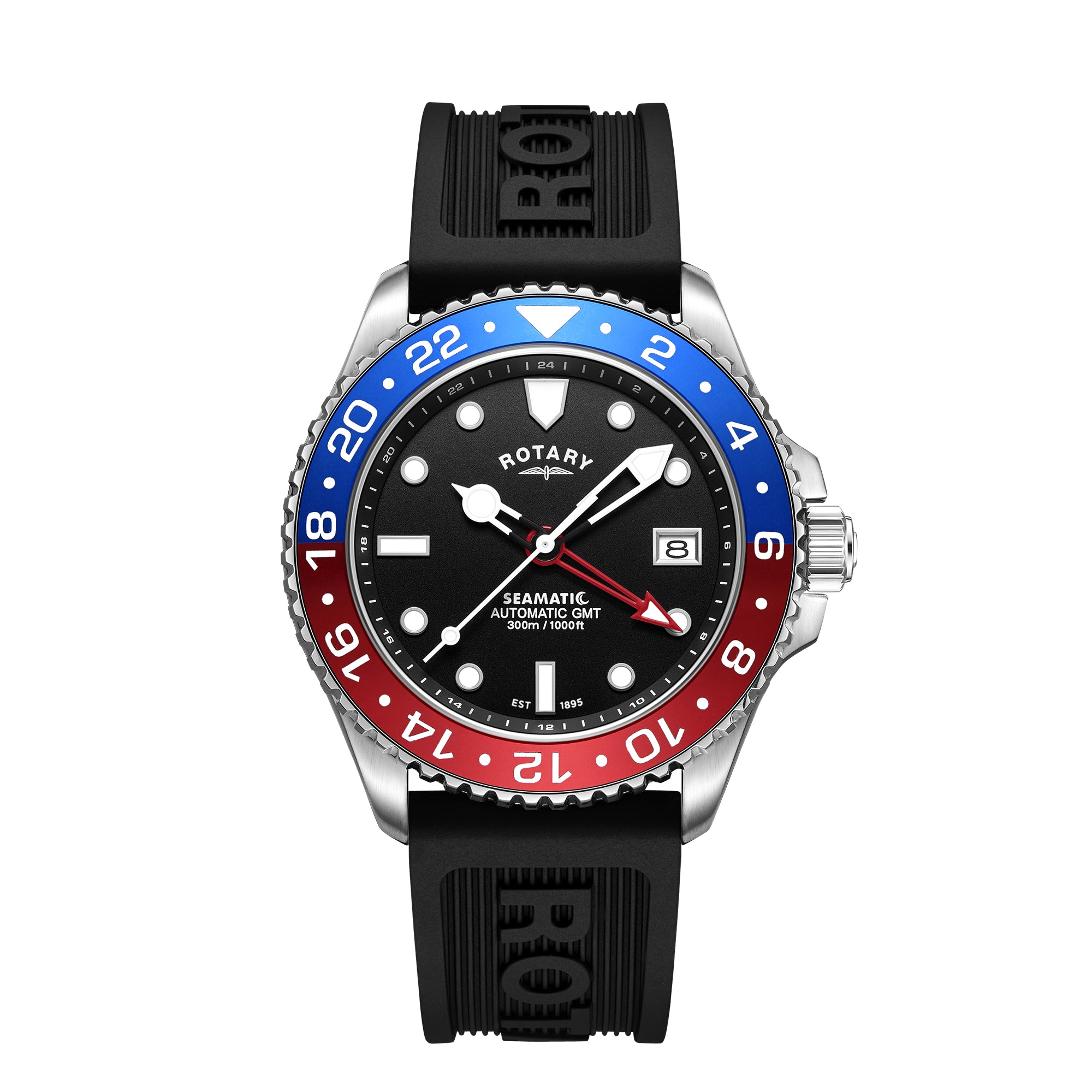 Rotary watch with black dial, red and blue bezel on a white background