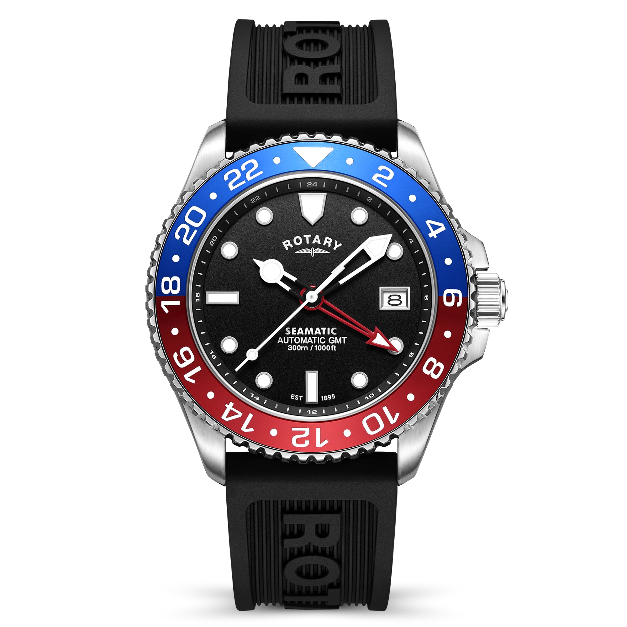 Rotary watch with a black, red, and blue bezel on a white background