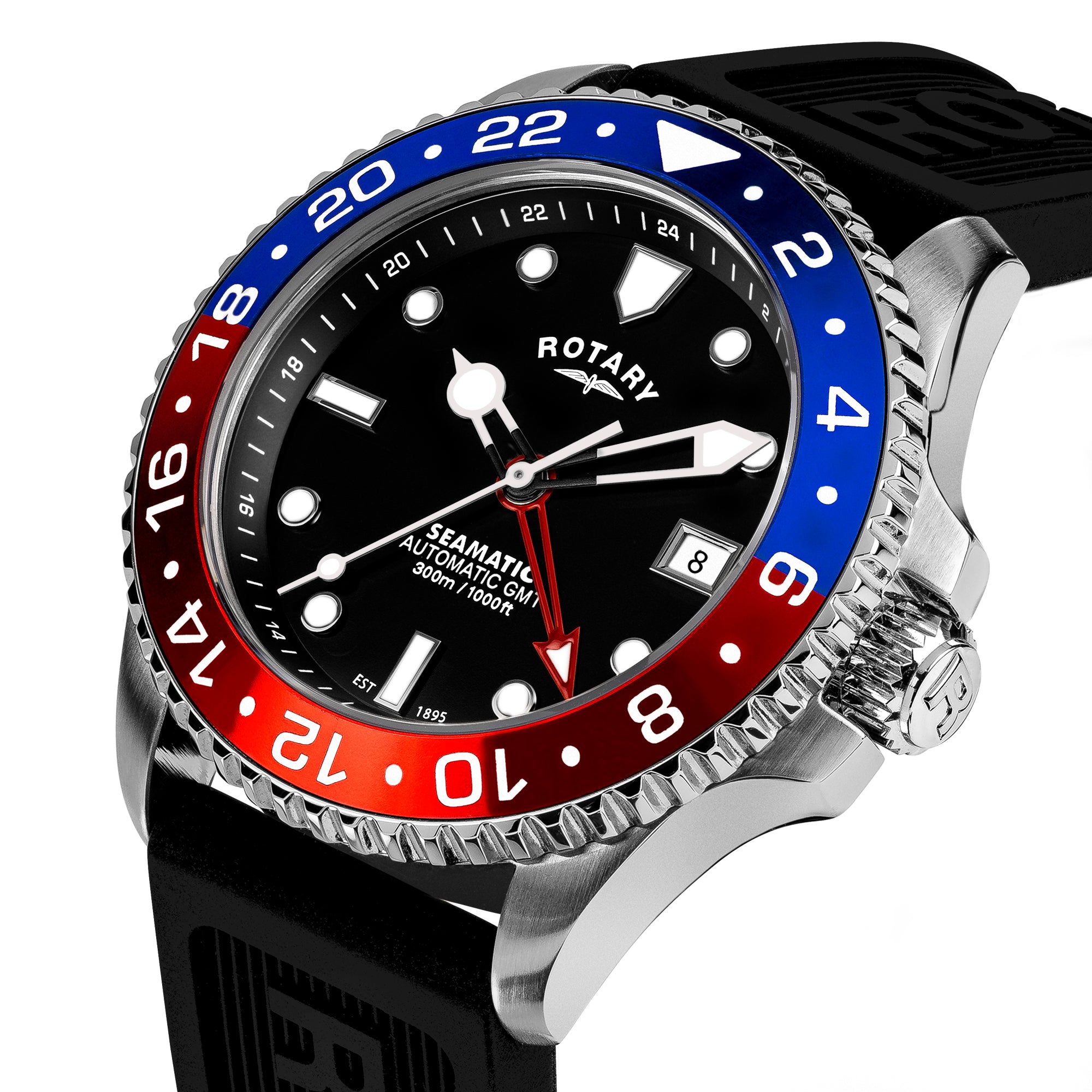 Rotary Seamatic watch with a black, red, and blue bezel on a white background