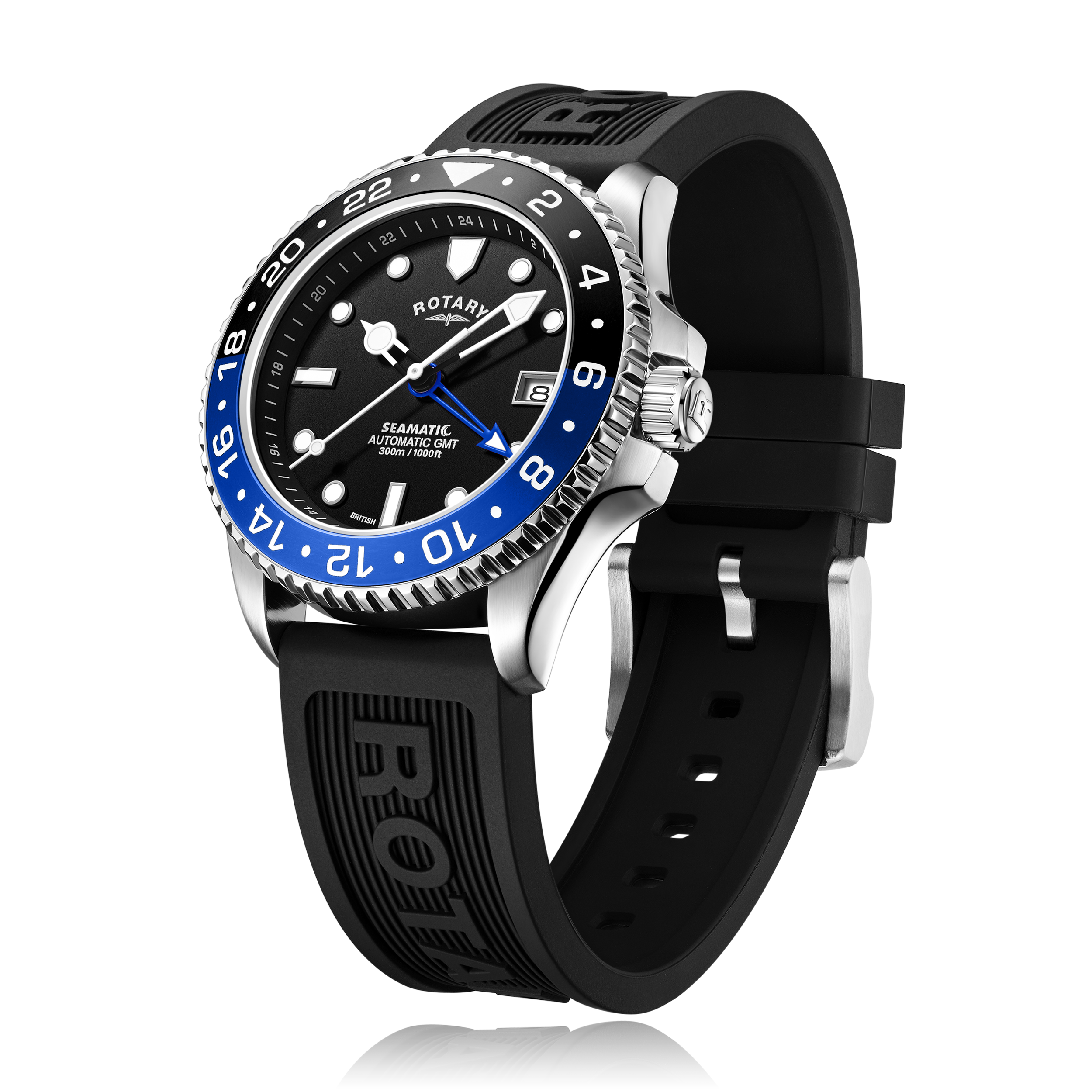 Rotary seamatic mens watch in stainless steel with a black and blue split bezel. The watch features a black textured dial with skeletonised white hands and a blue GMT hand. The watch also features a silicone strap