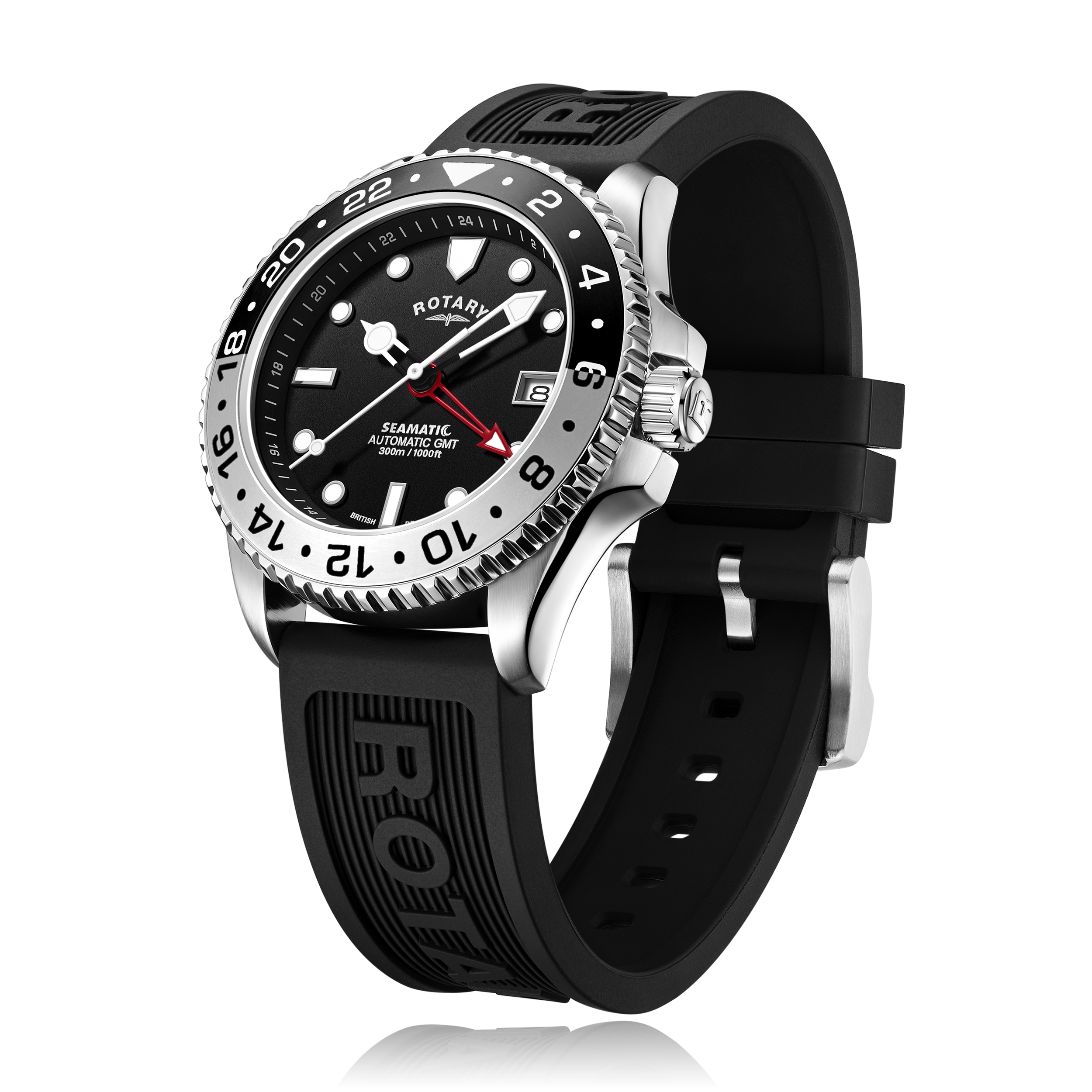 Rotary seamatic mens watch in stainless steel with a black and grey split bezel. The watch features a black textured dial with skeletonised white hands and a red GMT hand. The watch also features a silicone strap