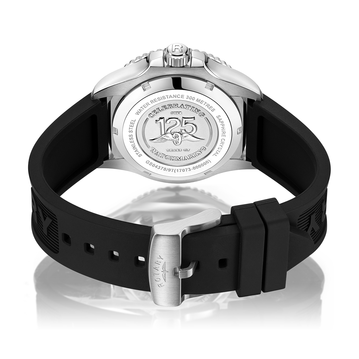 Rotary mens seamatic watch in stainless steel with a silicone strap and rotary branded buckle