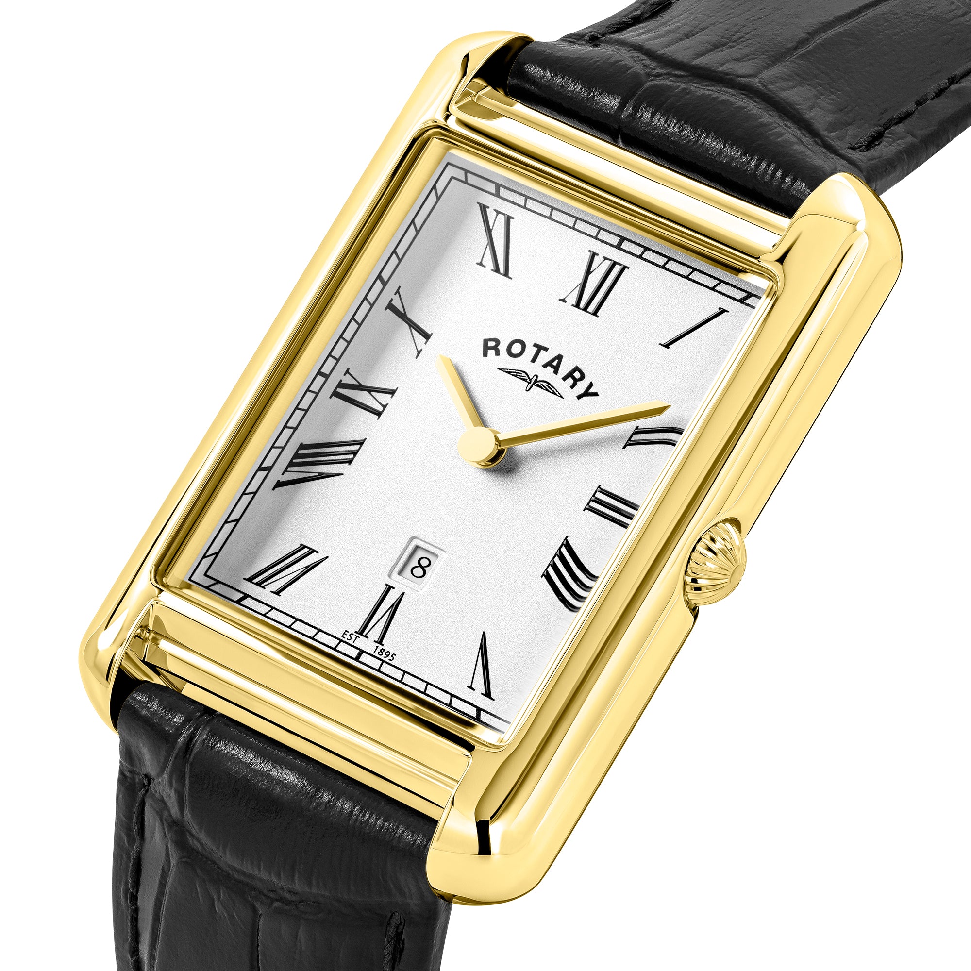 Gold-framed Rotary watch with black leather strap on a white background