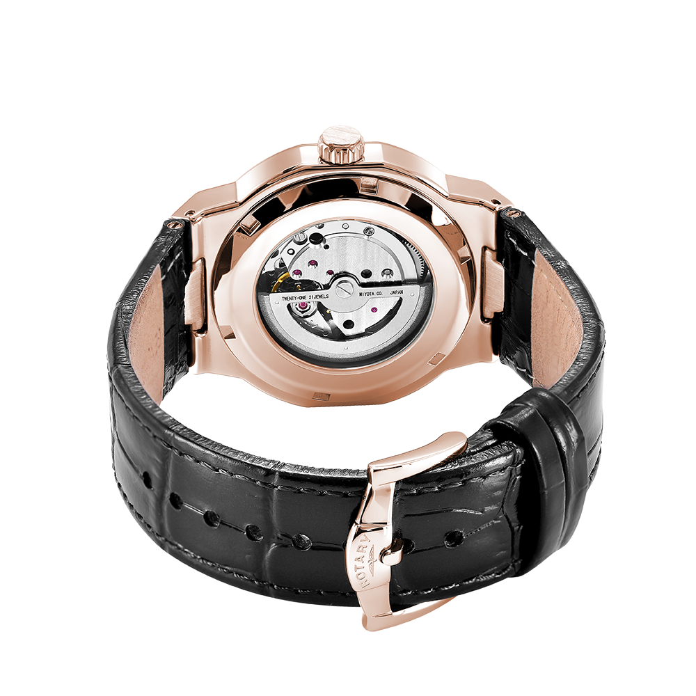 Mens rose gold rotary automatic watch with a black leather strap and an exhibition caseback