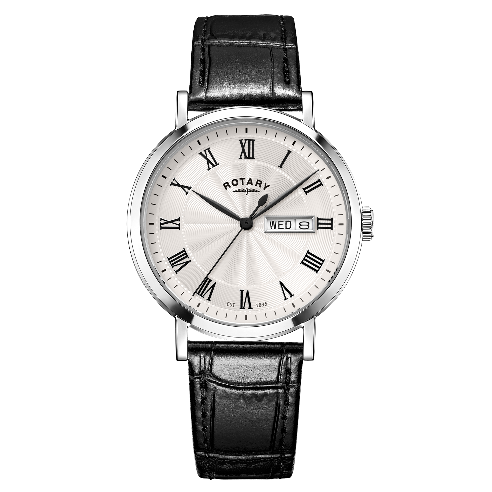 Rotary Heritage watch with black leather strap and white dial on a white background