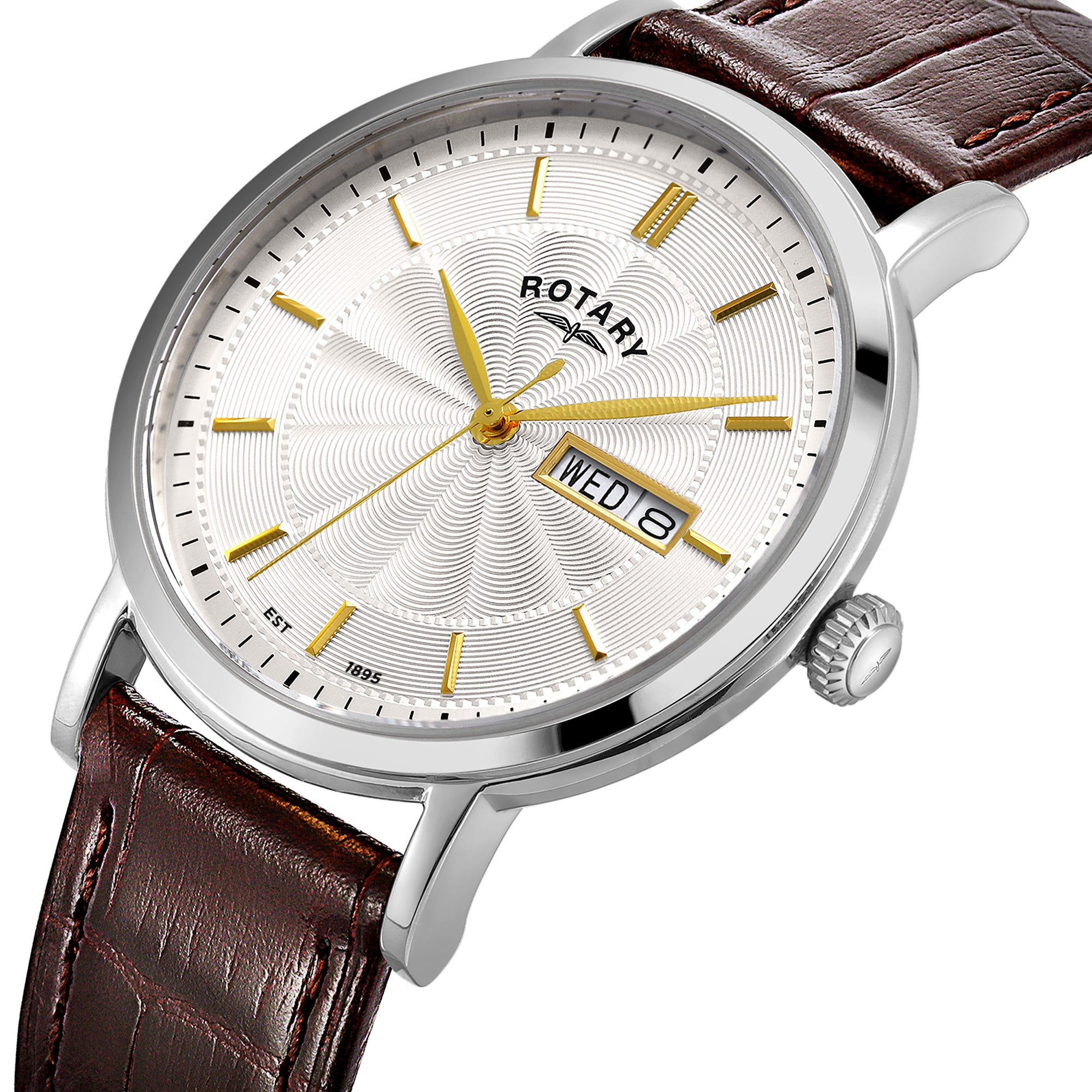 Rotary watch with brown leather strap and white face on a white background