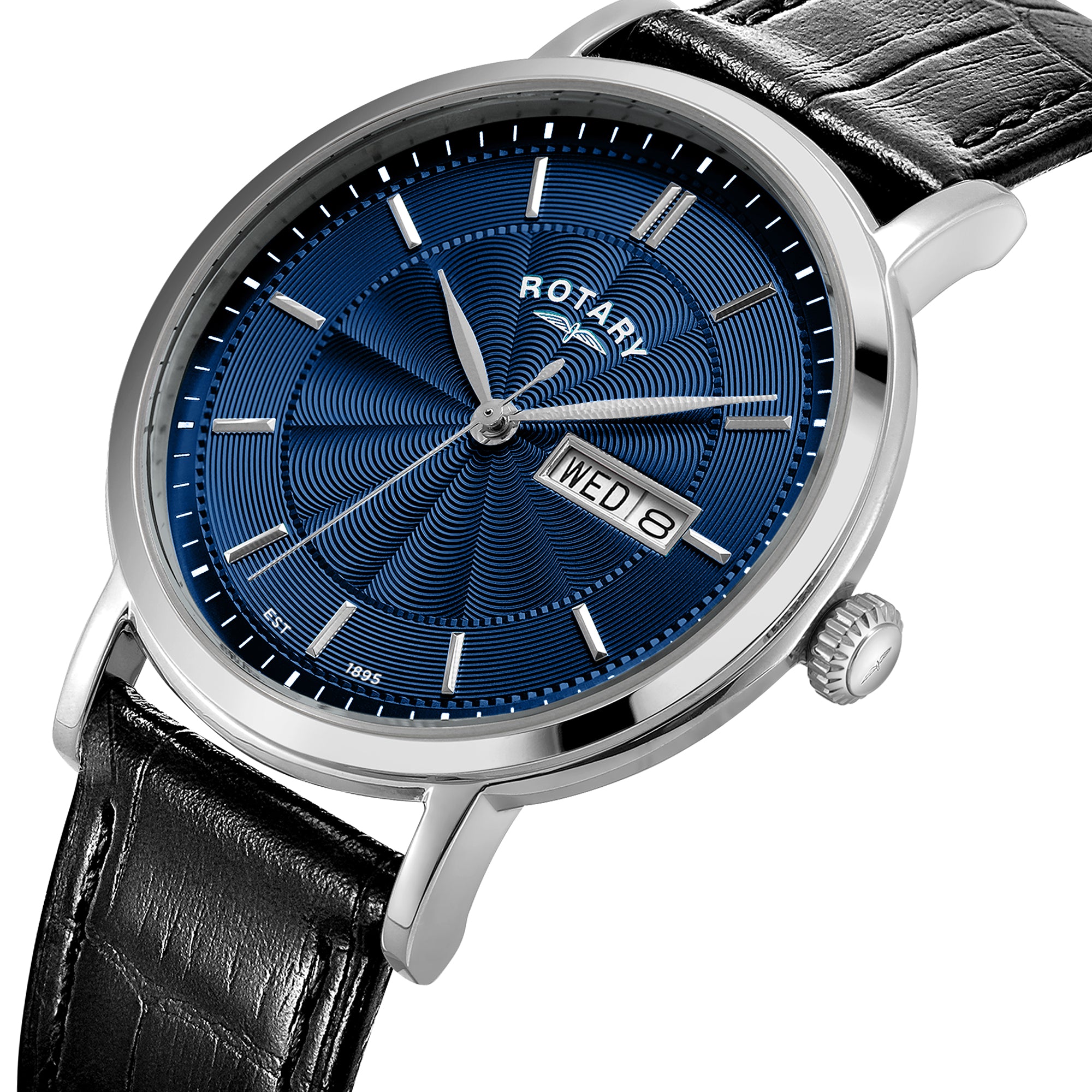 Rotary watch with blue dial and black leather strap on a white background