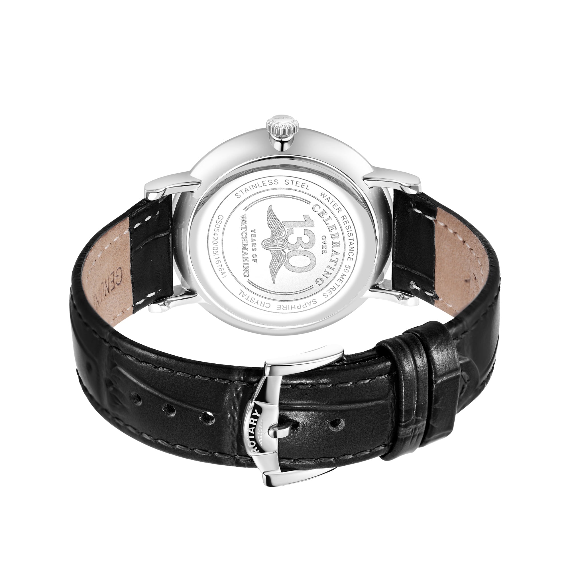 Rotary Watch with black leather strap and silver case on a white background